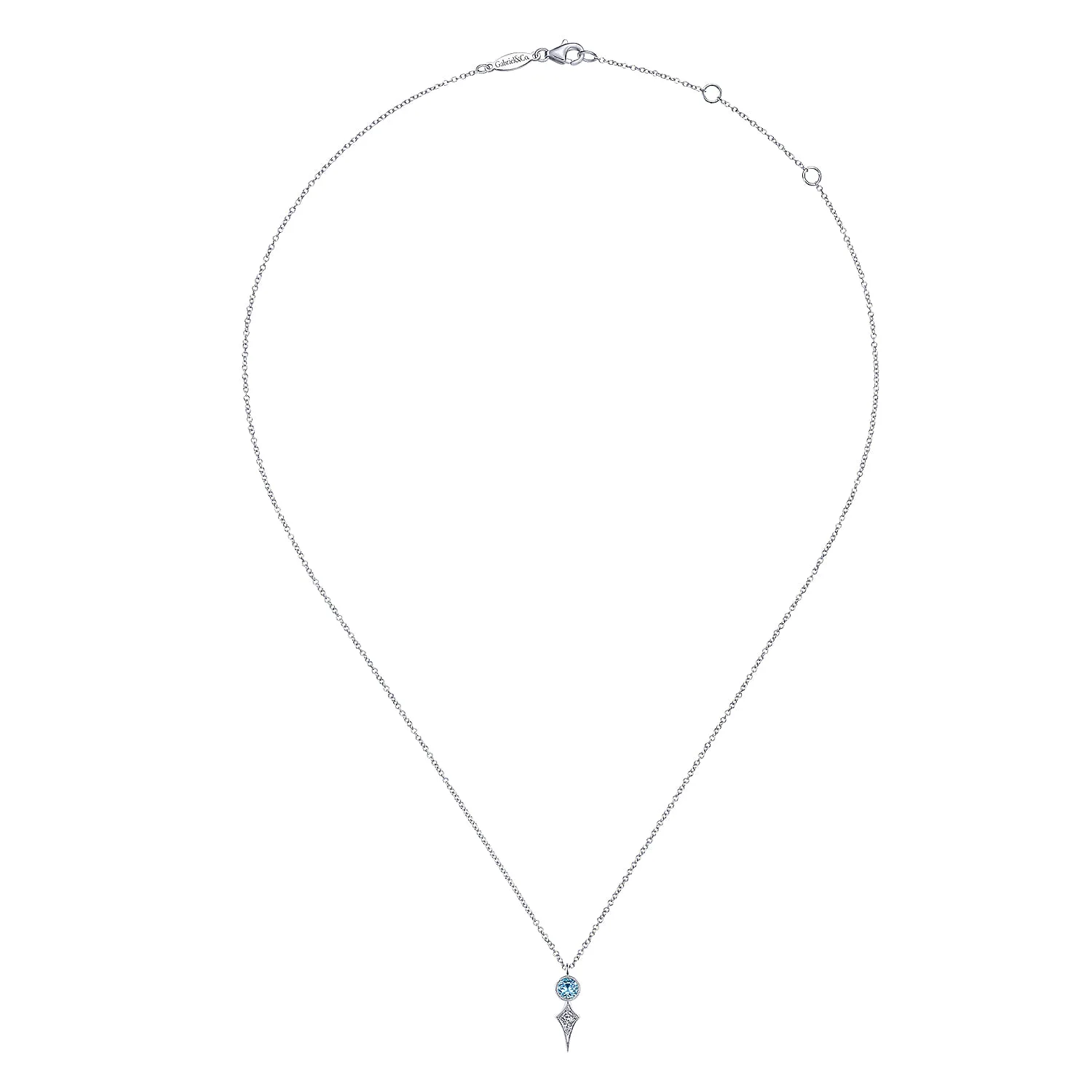Round Blue Topaz and Kite Diamond Pendant Necklace in 14K White Gold, photograph 2
