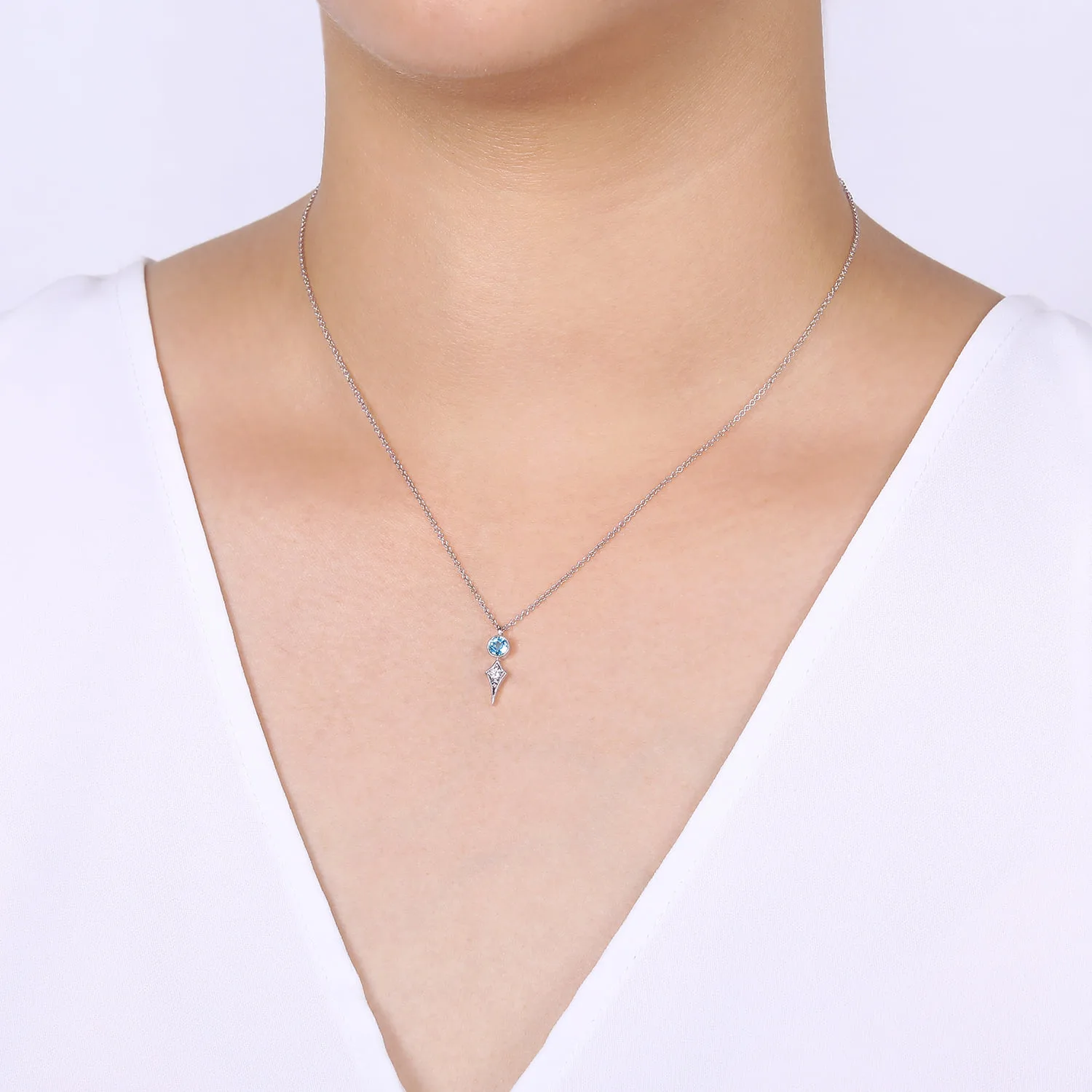 Round Blue Topaz and Kite Diamond Pendant Necklace in 14K White Gold, photograph 3
