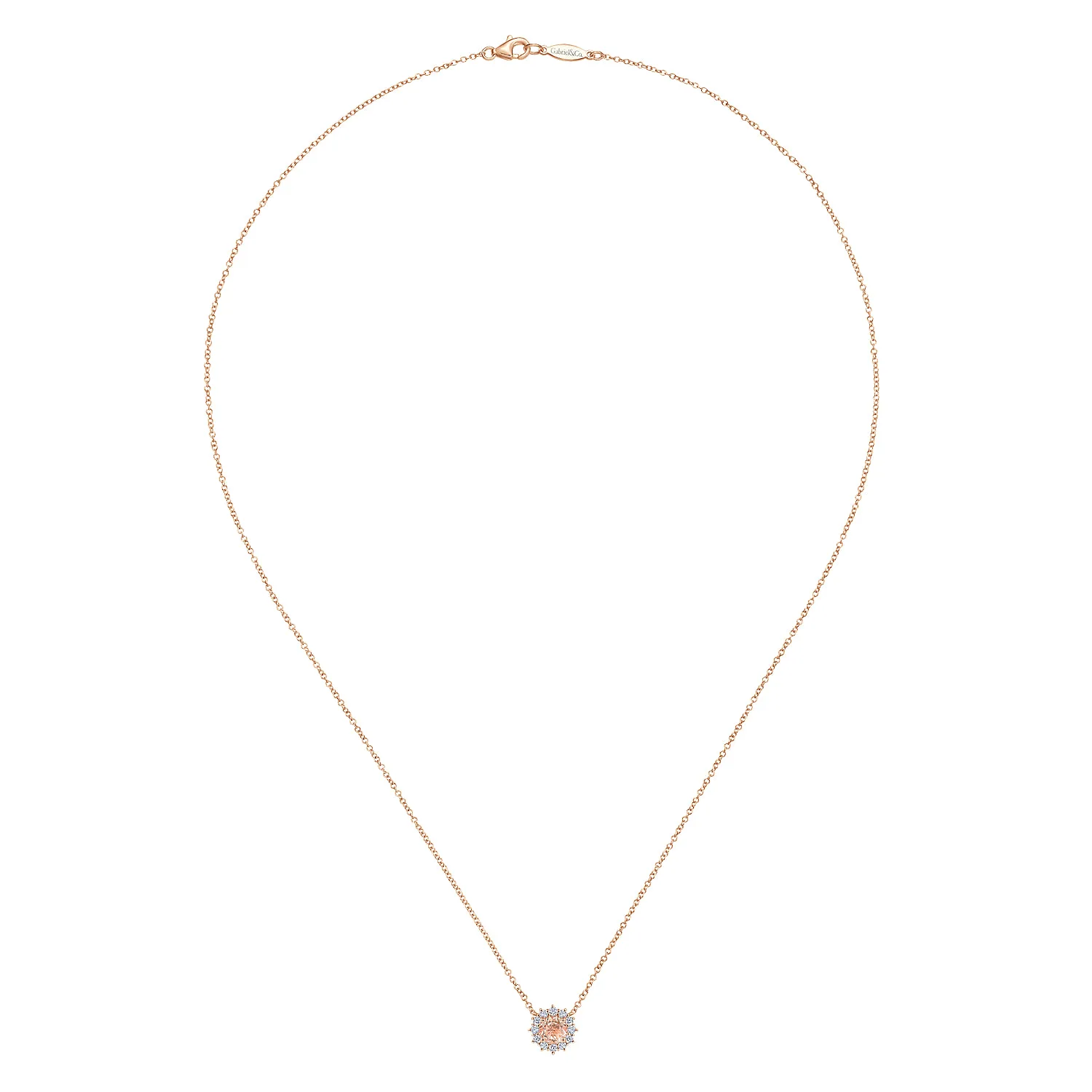 18 inch Round Morganite and Diamond Halo Pendant Necklace in 14K Rose Gold, photograph 2
