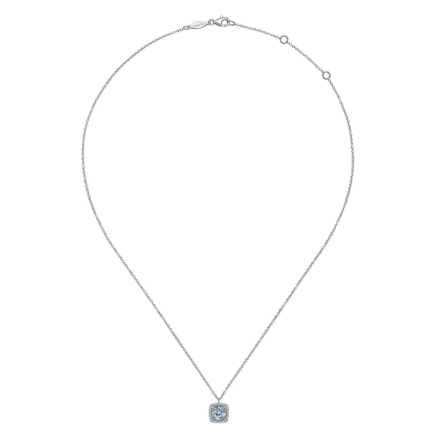 Round Aquamarine and Cushion Diamond Halo Pendant Necklace in 14K White Gold, photograph 2
