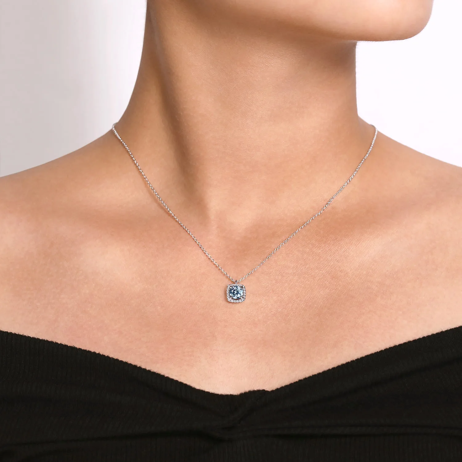 Round Aquamarine and Cushion Diamond Halo Pendant Necklace in 14K White Gold, photograph 3
