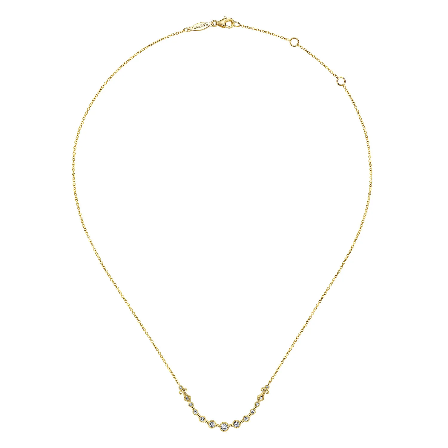Milgrain Bezel Set Diamond Curved Bar Necklace in 14K Yellow Gold, photograph 2