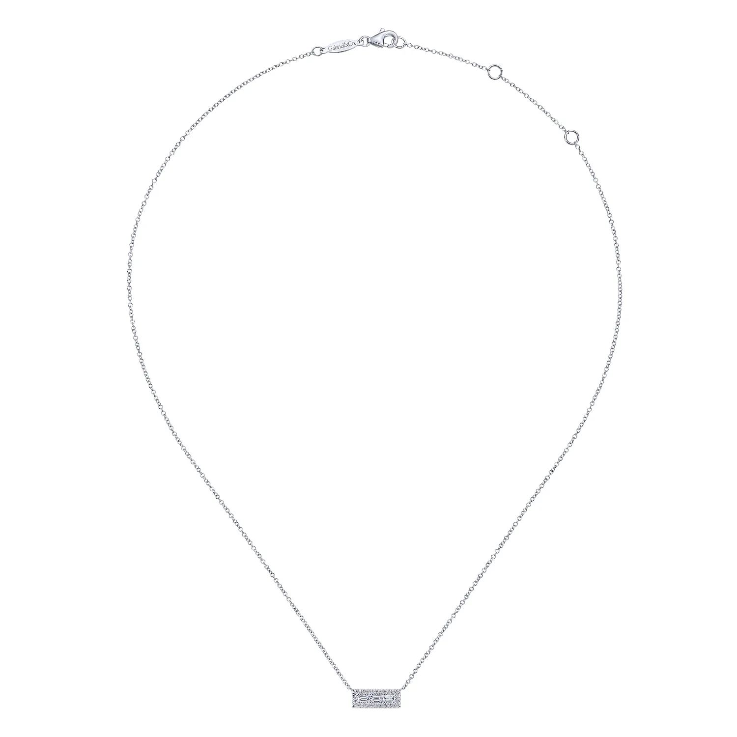 Baguette and Diamond Rectangle Pendant Necklace in 14K White Gold, photograph 2