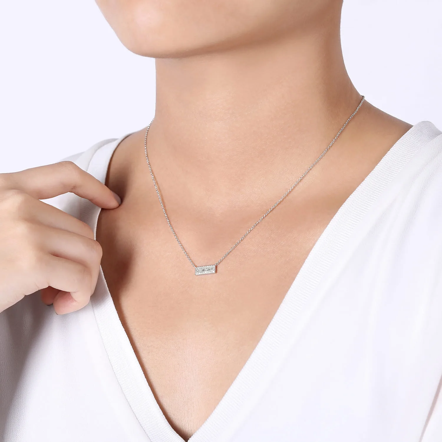 Baguette and Diamond Rectangle Pendant Necklace in 14K White Gold, photograph 3