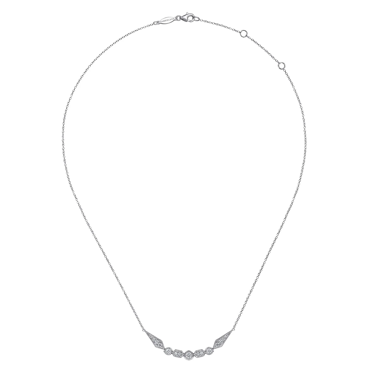 Geometric Shape Curved Bar Diamond Necklace in 14K White Gold, photograph 2