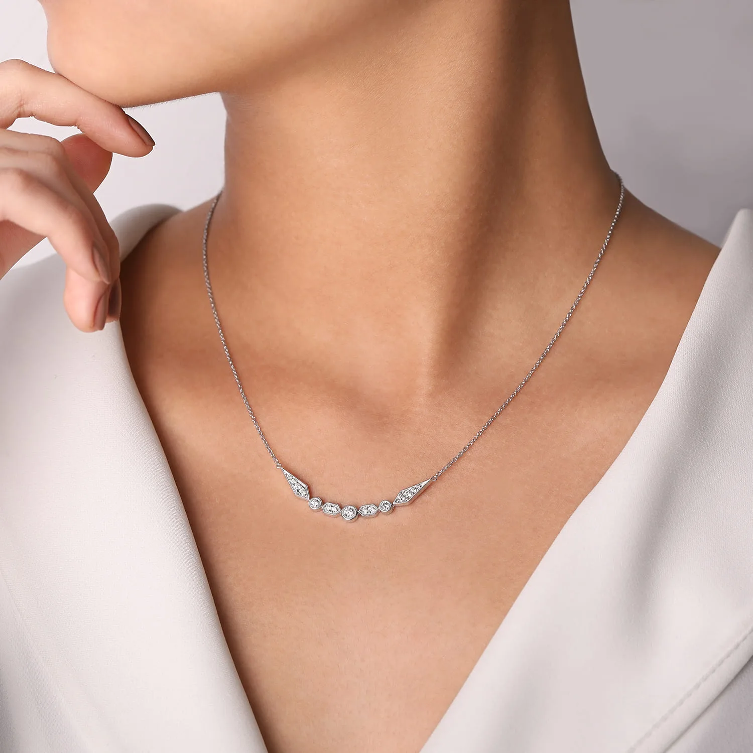 Geometric Shape Curved Bar Diamond Necklace in 14K White Gold, photograph 3