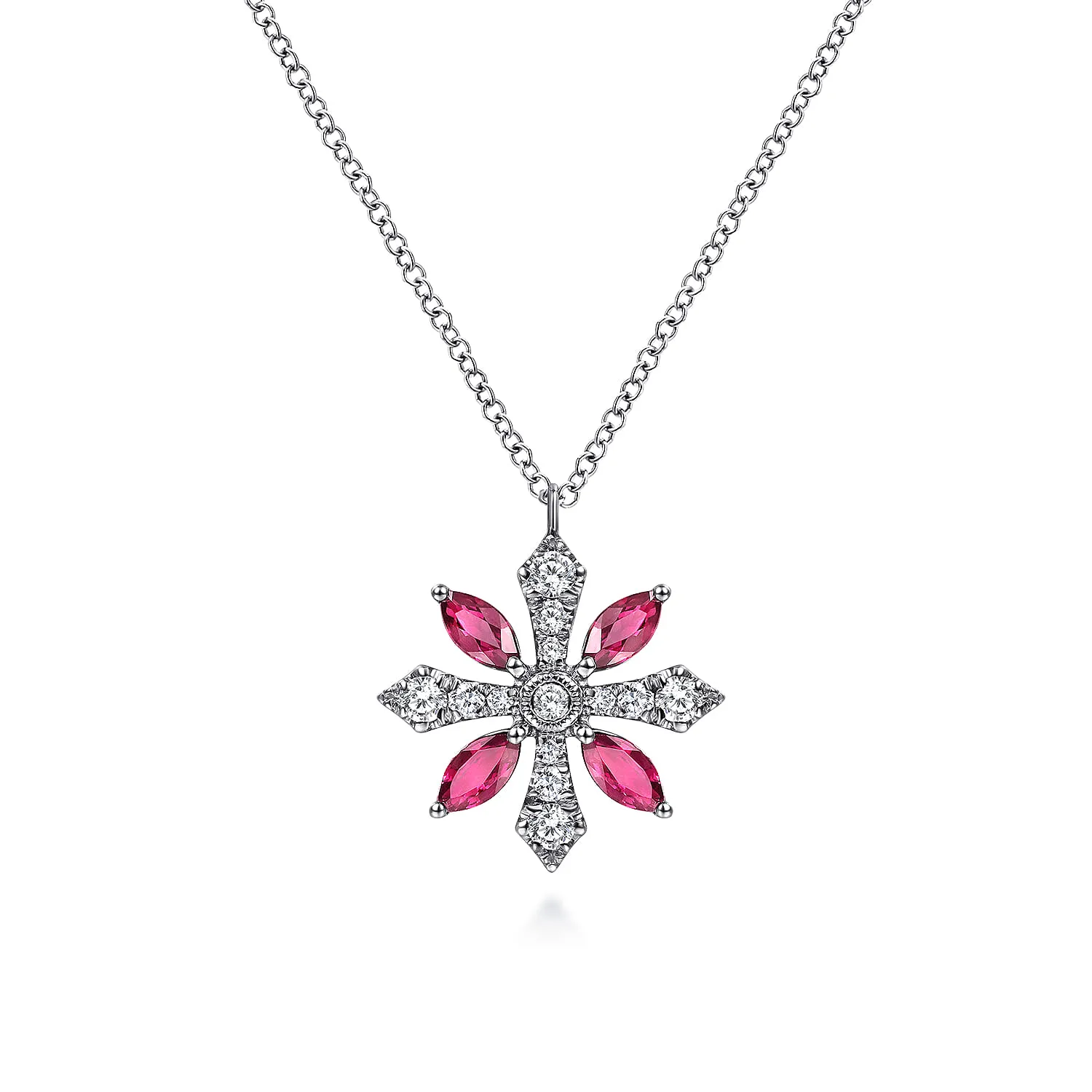 Ruby and Diamond Snowflake Pendant Necklace