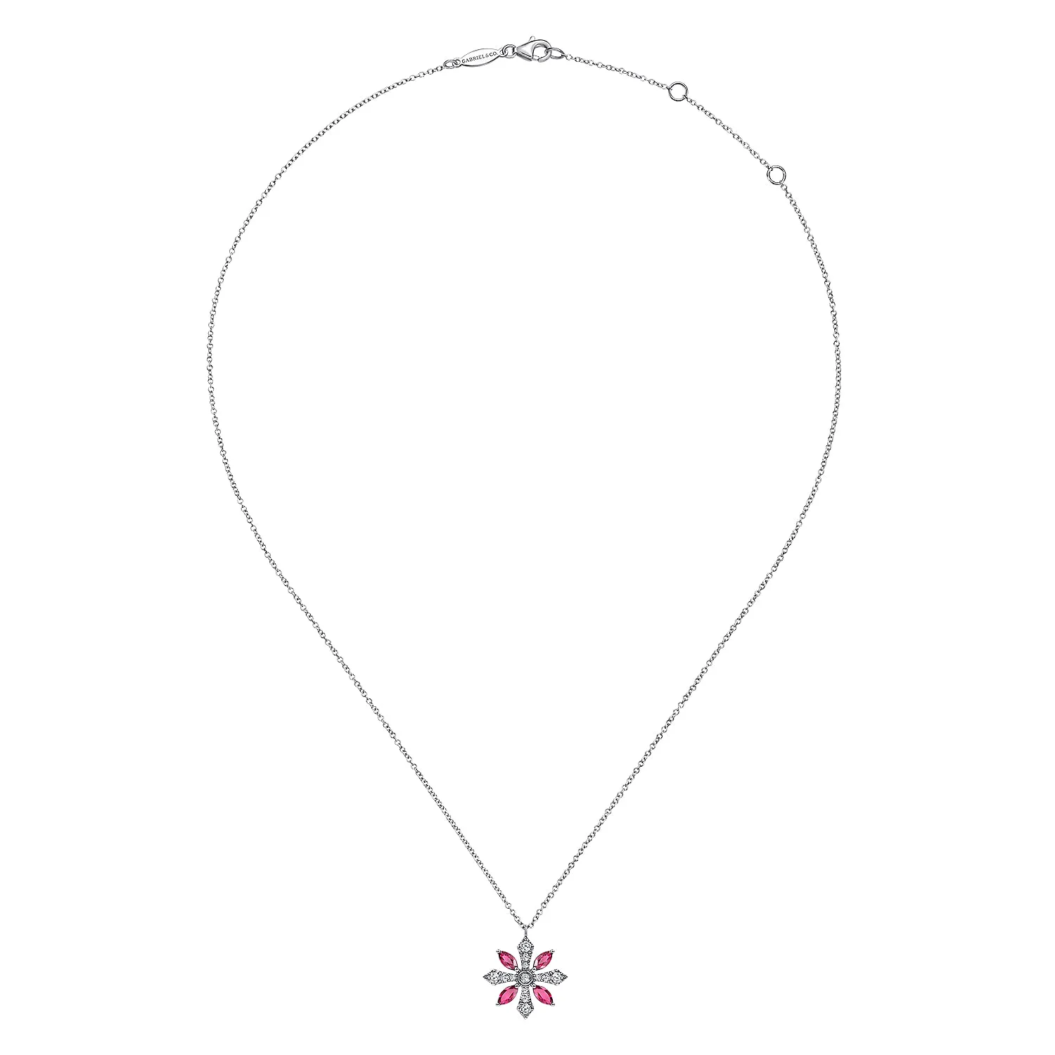 Ruby and Diamond Snowflake Pendant Necklace in 14K White Gold, photograph 2