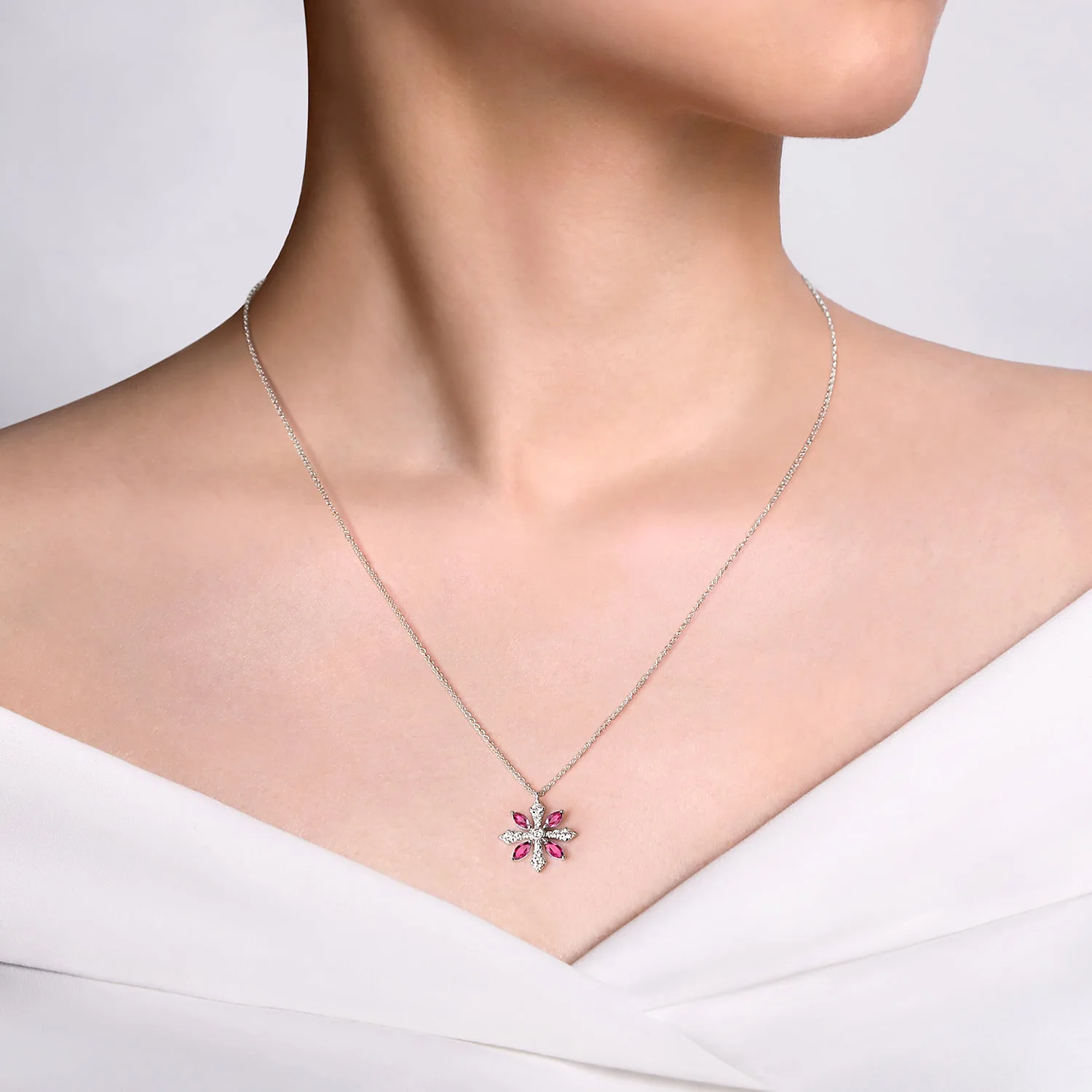 Ruby and Diamond Snowflake Pendant Necklace in 14K White Gold, photograph 3