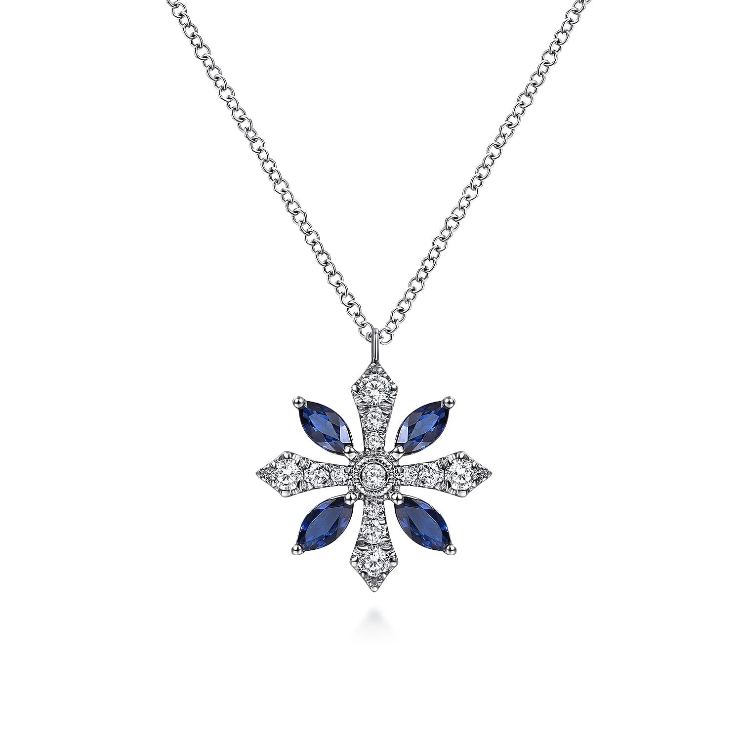 Sapphire and Diamond Snowflake Pendant Necklace