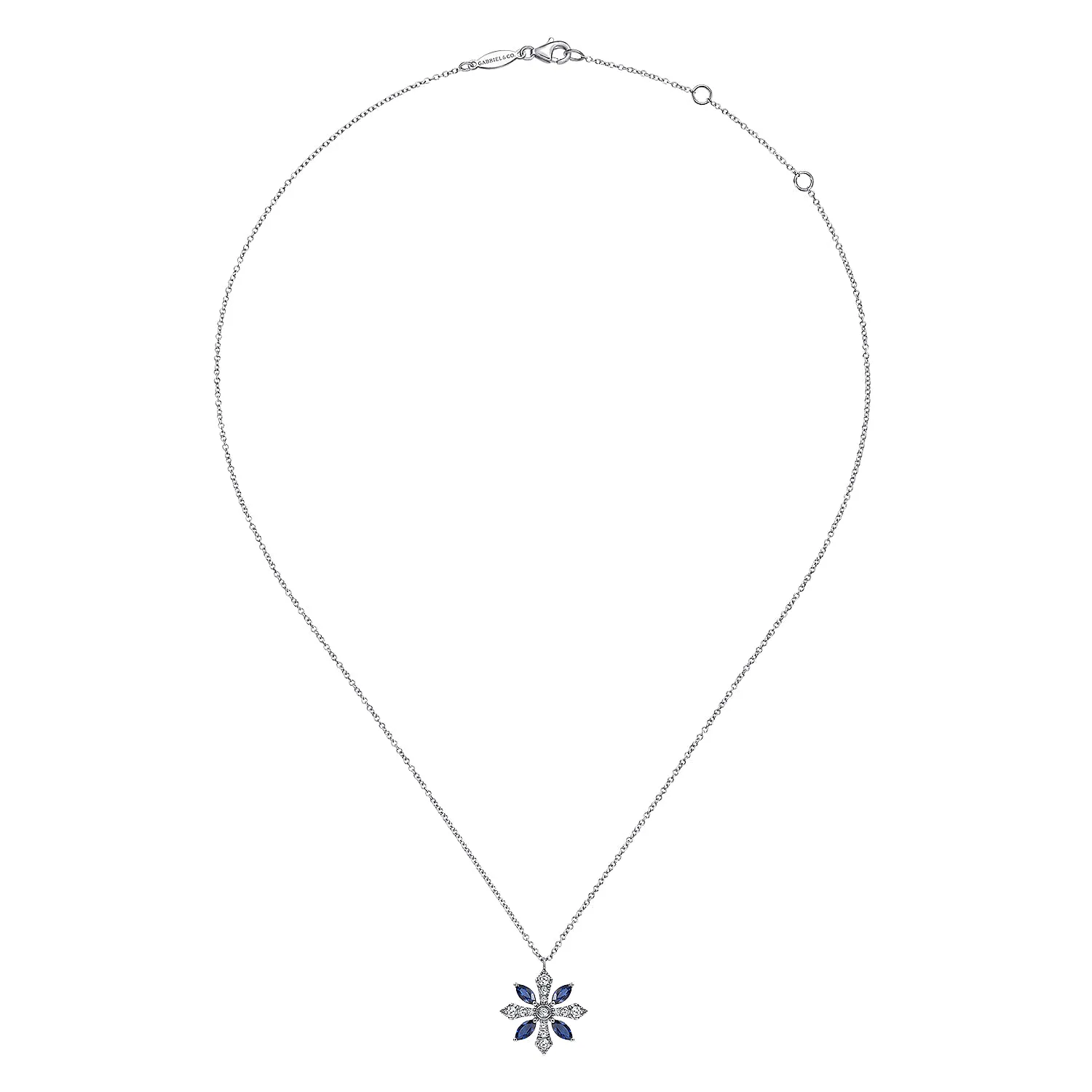 Sapphire and Diamond Snowflake Pendant Necklace in 14K White Gold, photograph 2