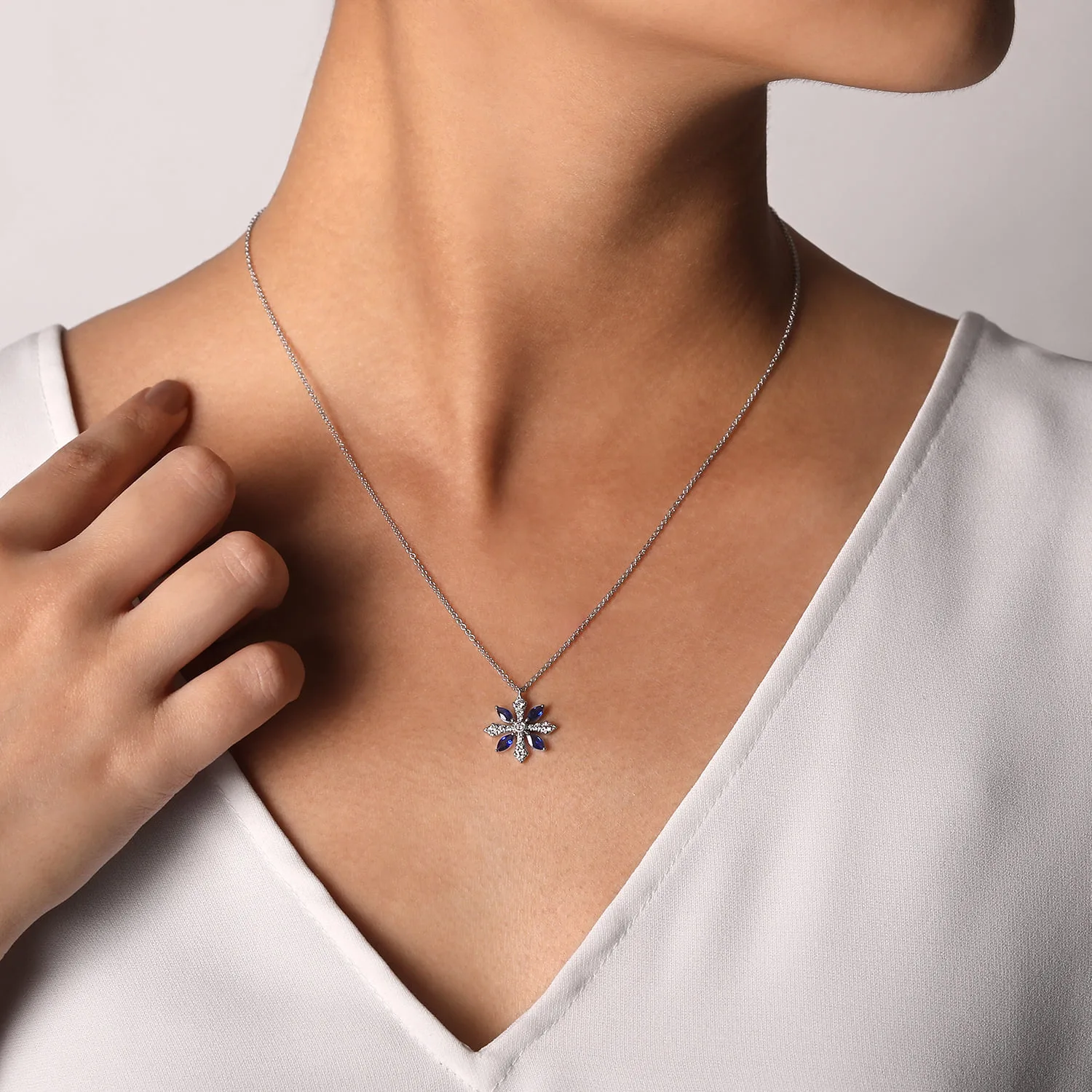 Sapphire and Diamond Snowflake Pendant Necklace in 14K White Gold, photograph 3