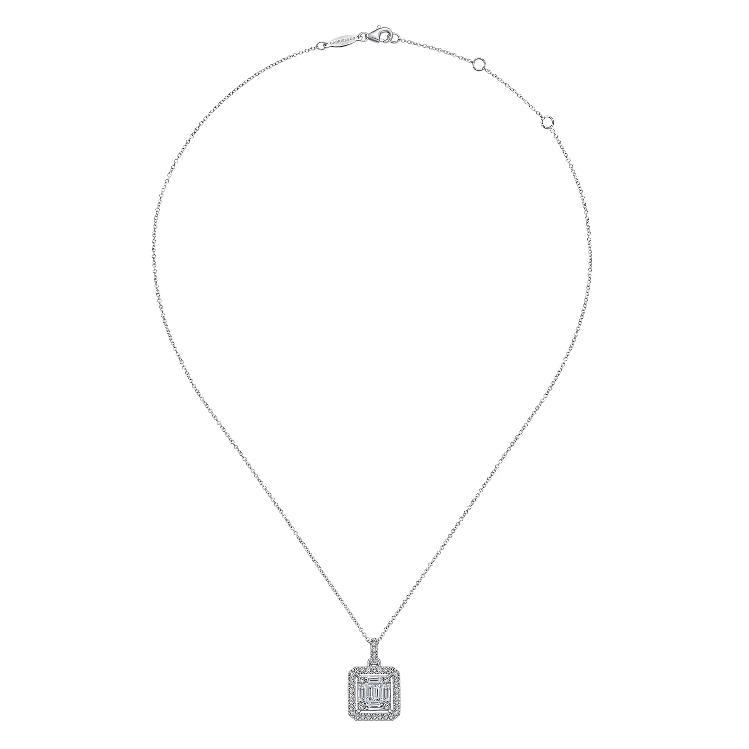 Baguette and Diamond Square Pendant Necklace in 14K White Gold, photograph 2