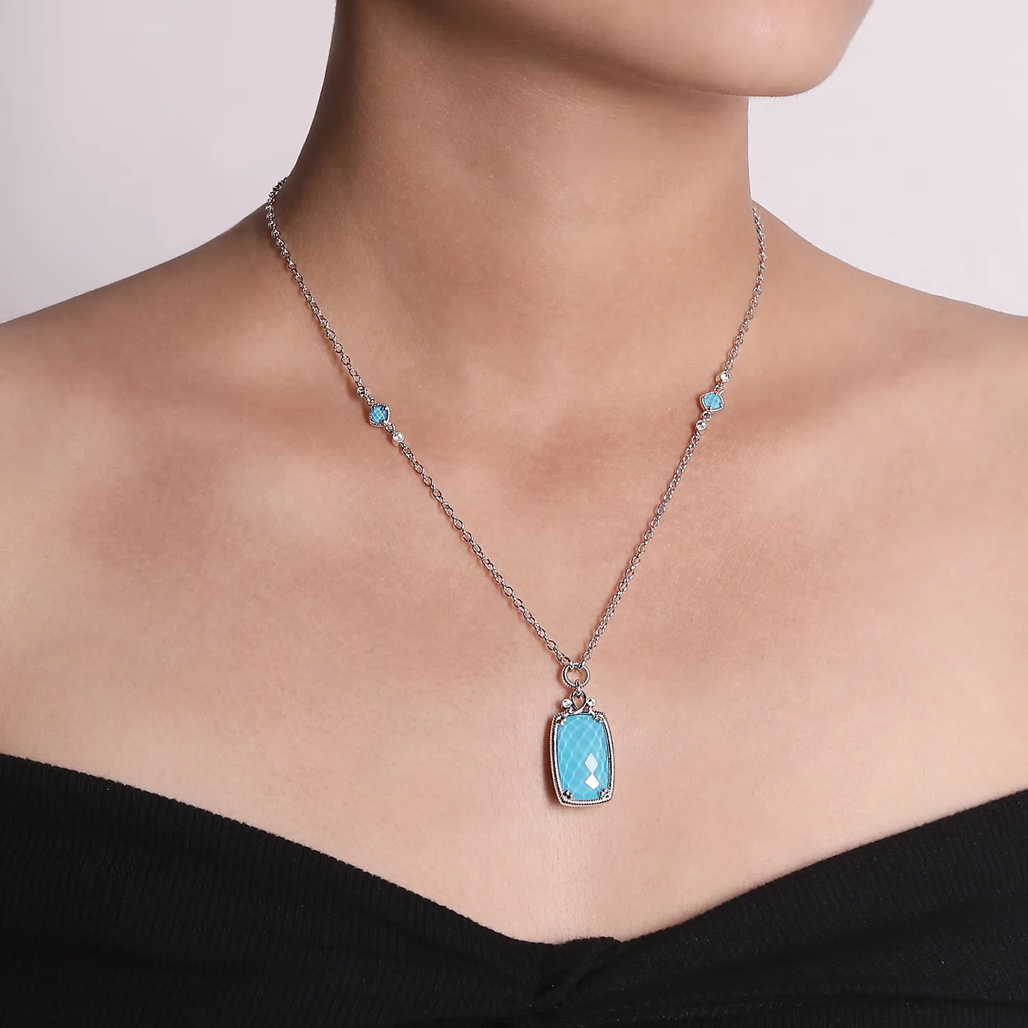 White Sapphire and Rock Crystal Turquoise Pendant Necklace in Sterling Silver, photograph 3