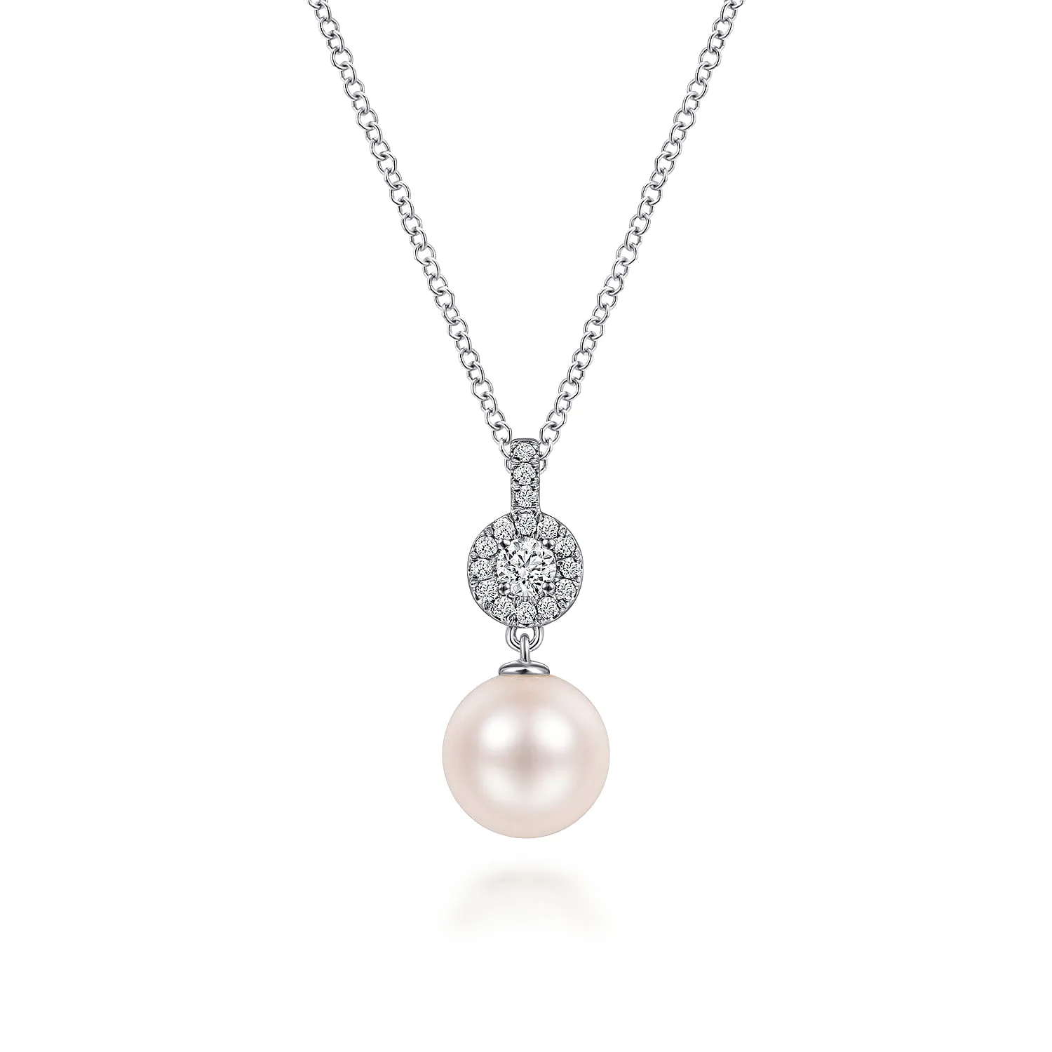 Diamond Pave Halo and Pearl Drop Pendant Necklace