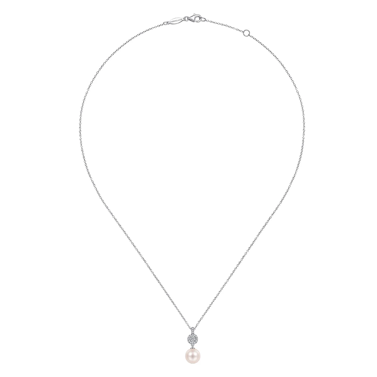 Diamond Pave Halo and Pearl Drop Pendant Necklace in 14K White Gold, photograph 2