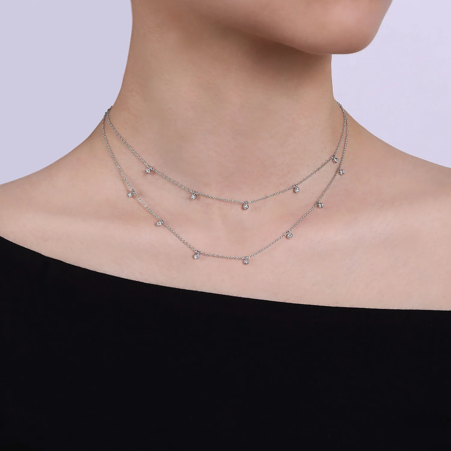 Two Row Necklace with Diamond Drops in 14K White Gold, photograph 3