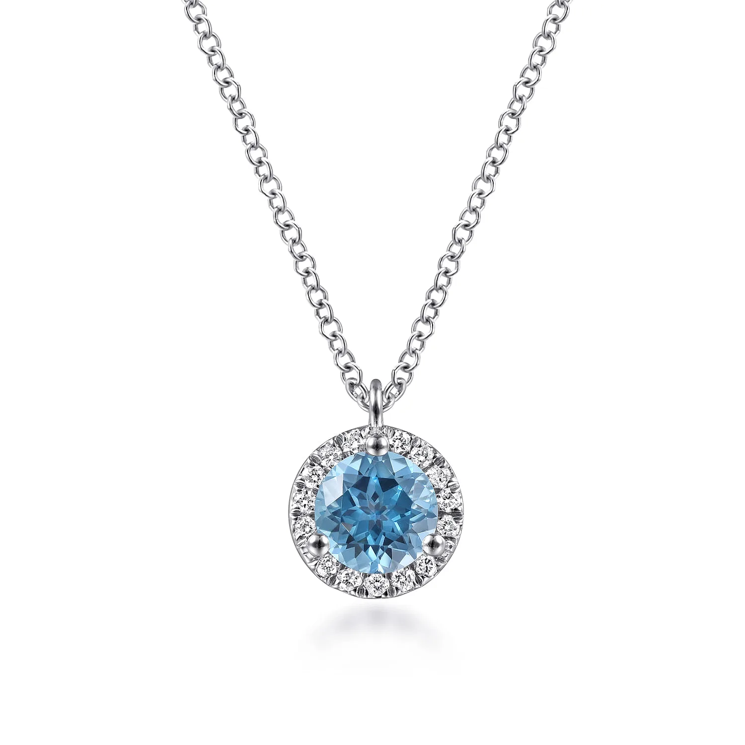 18 inch Round Blue Topaz and Diamond Halo Pendant Necklace