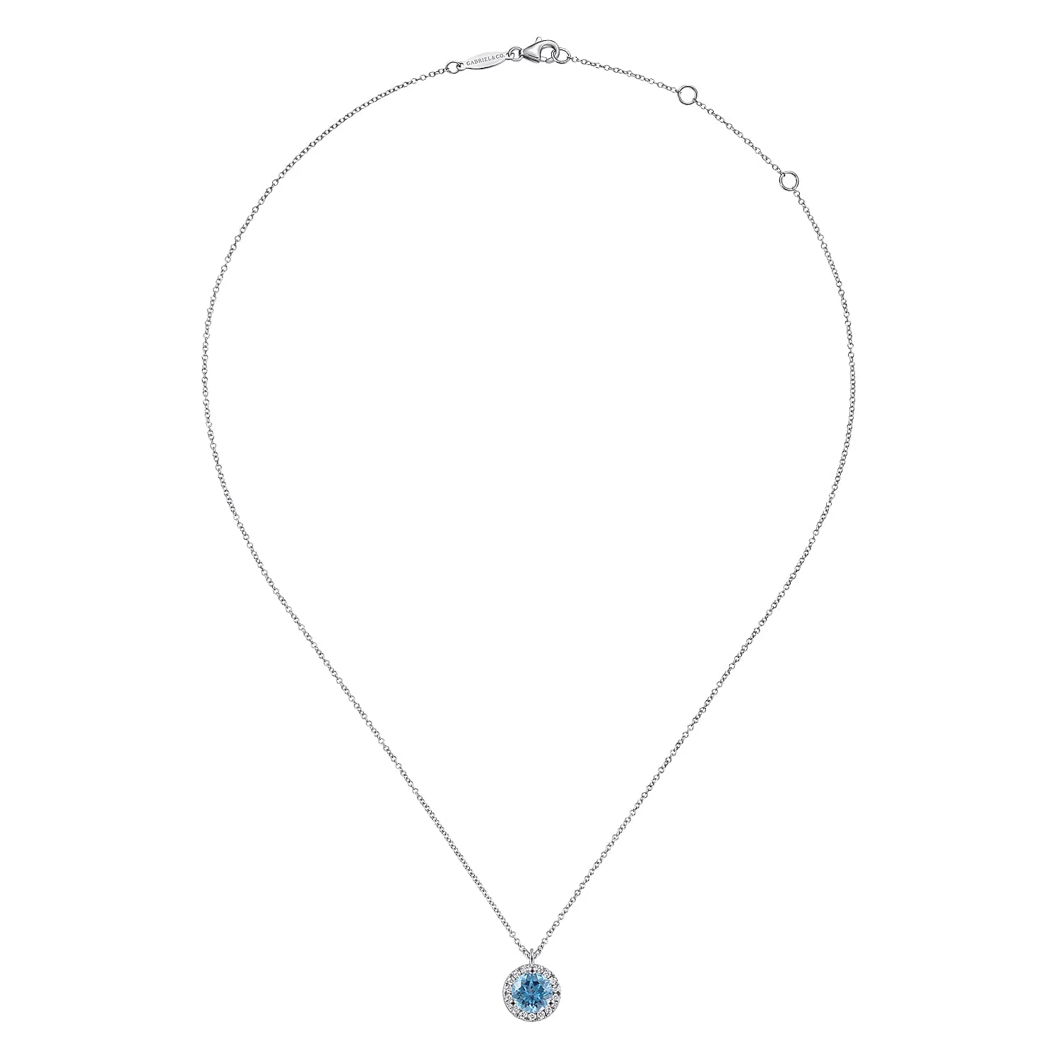 18 inch Round Blue Topaz and Diamond Halo Pendant Necklace in 14K White Gold, photograph 2