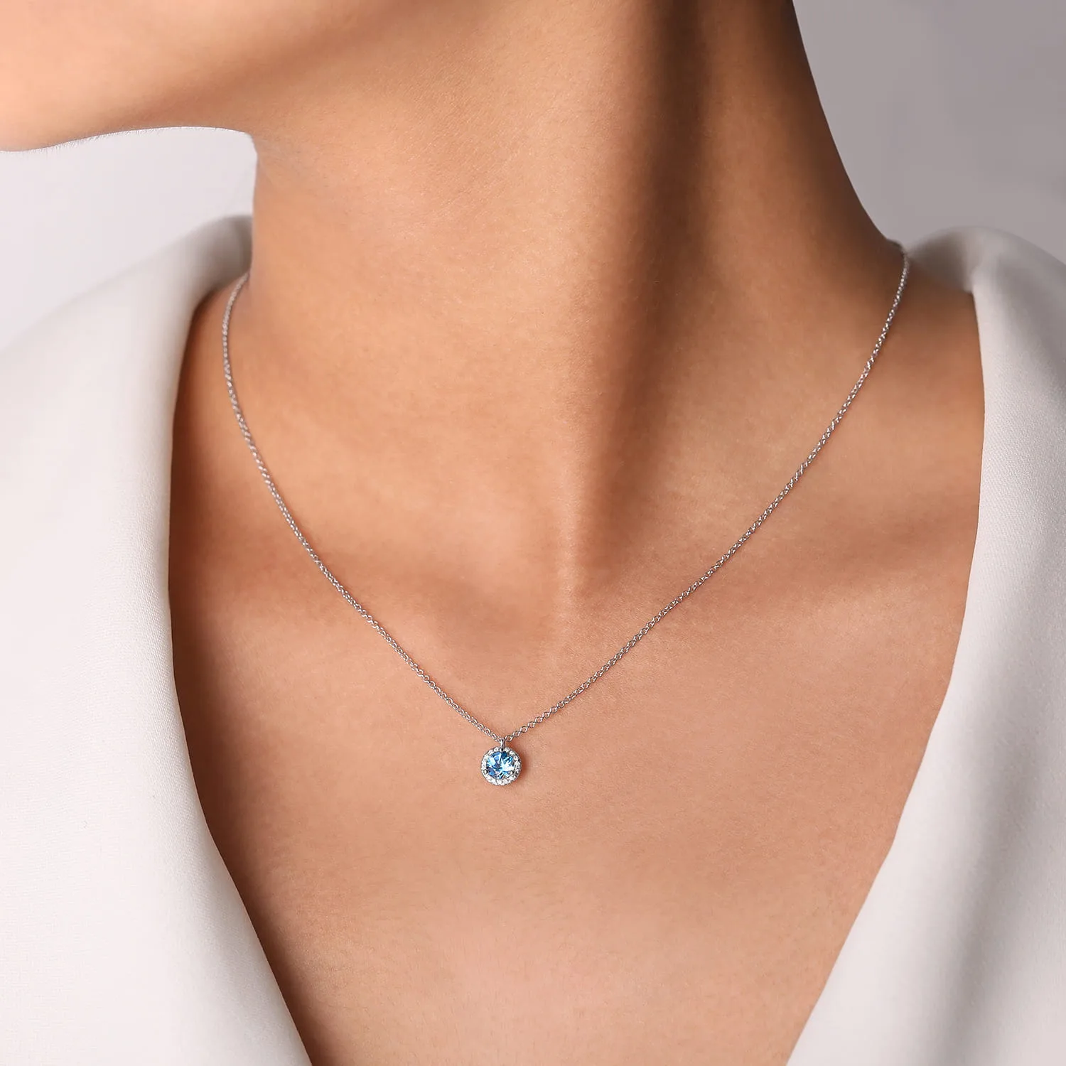 18 inch Round Blue Topaz and Diamond Halo Pendant Necklace in 14K White Gold, photograph 3