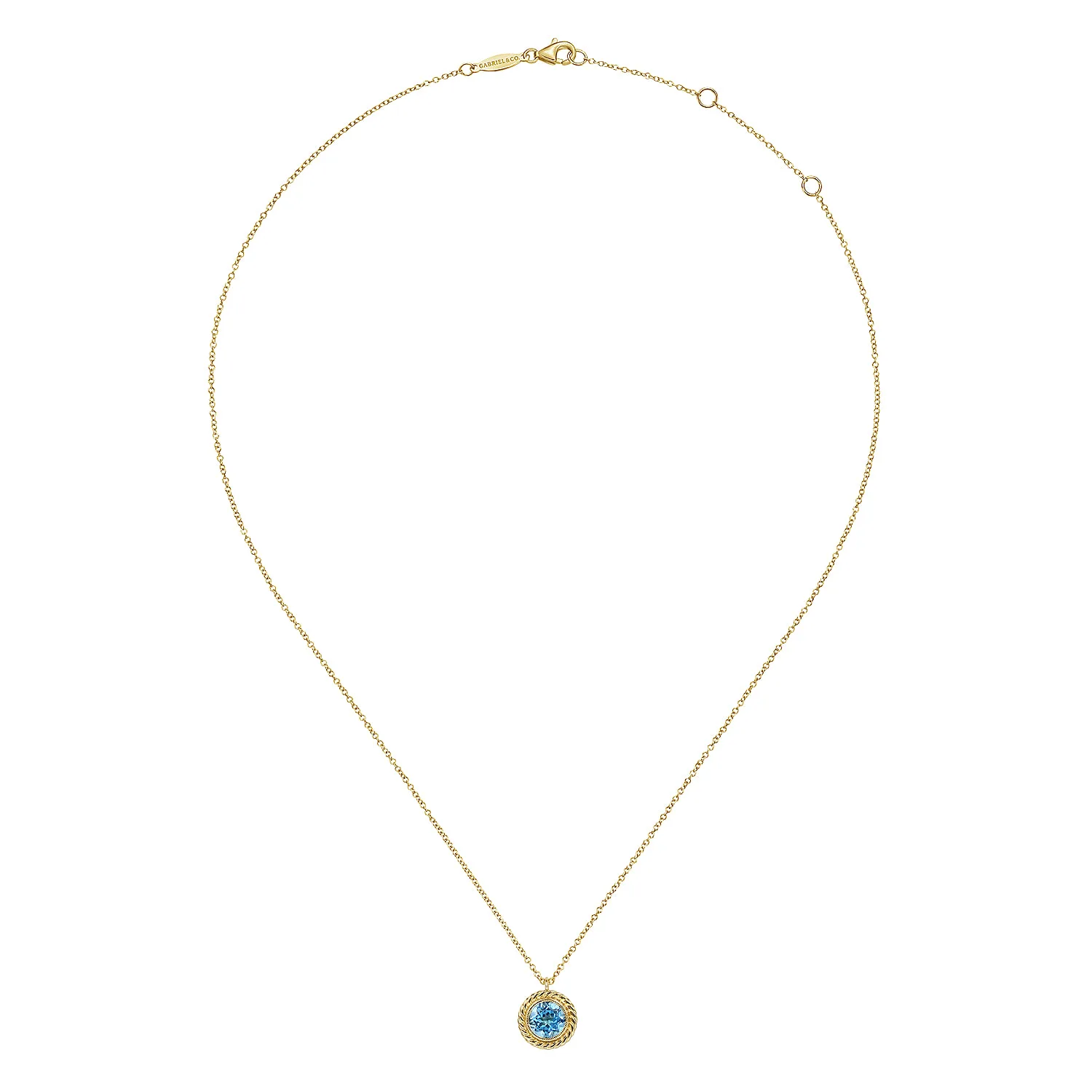 Round Blue Topaz and Twisted Rope Pendant Necklace in 14K Yellow Gold, photograph 2