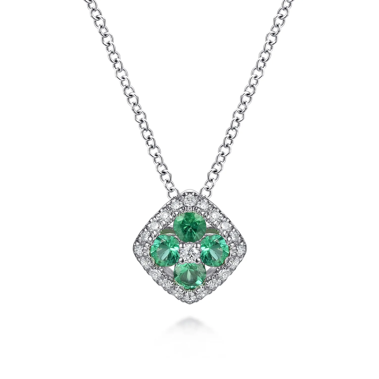Emerald and Diamond Halo Floral Pendant Necklace in 14K White Gold