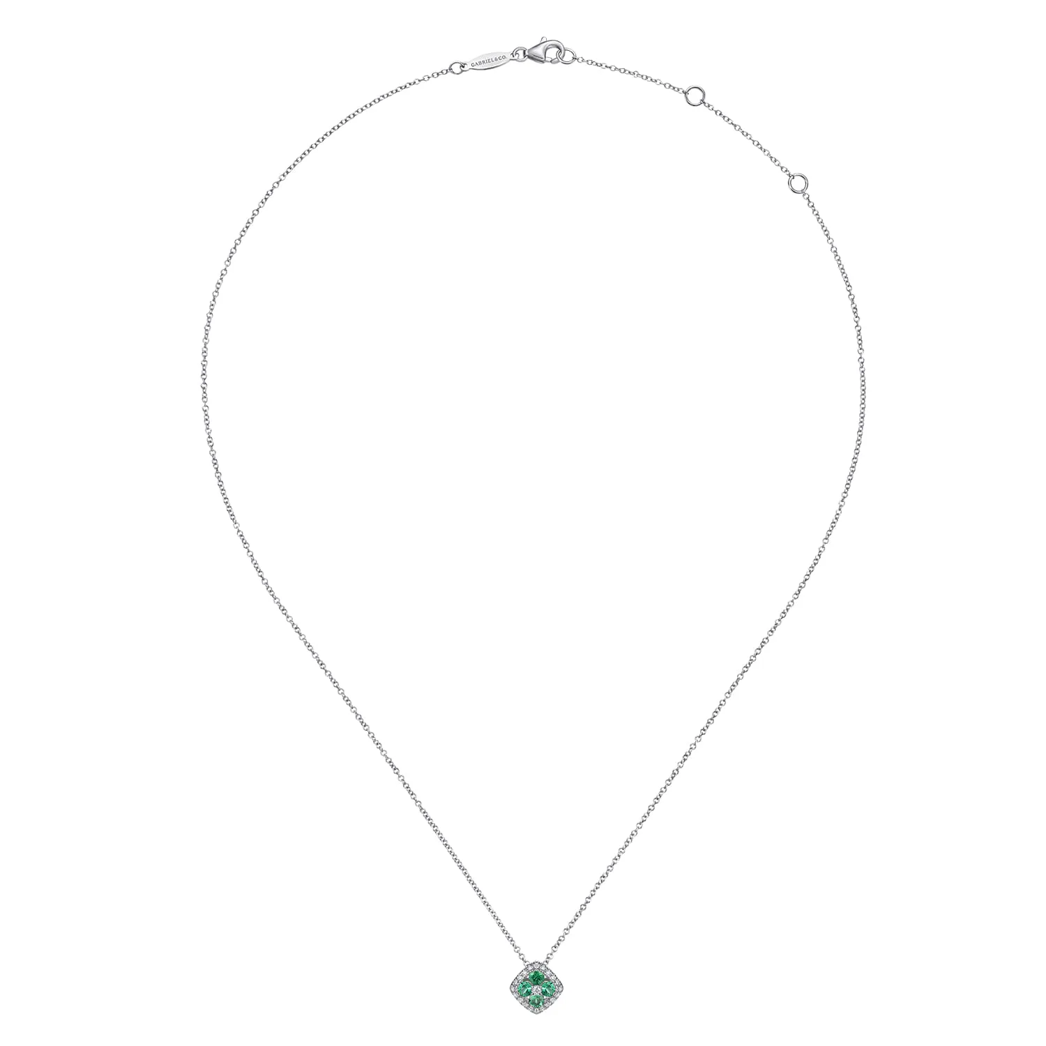 Emerald and Diamond Halo Floral Pendant Necklace in 14K White Gold, photograph 2