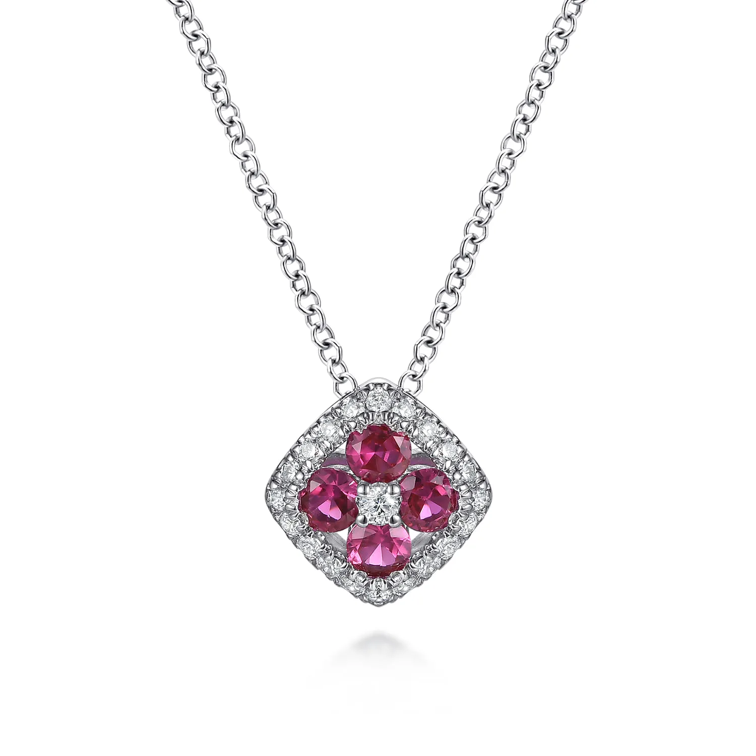 Ruby and Diamond Halo Floral Pendant Necklace