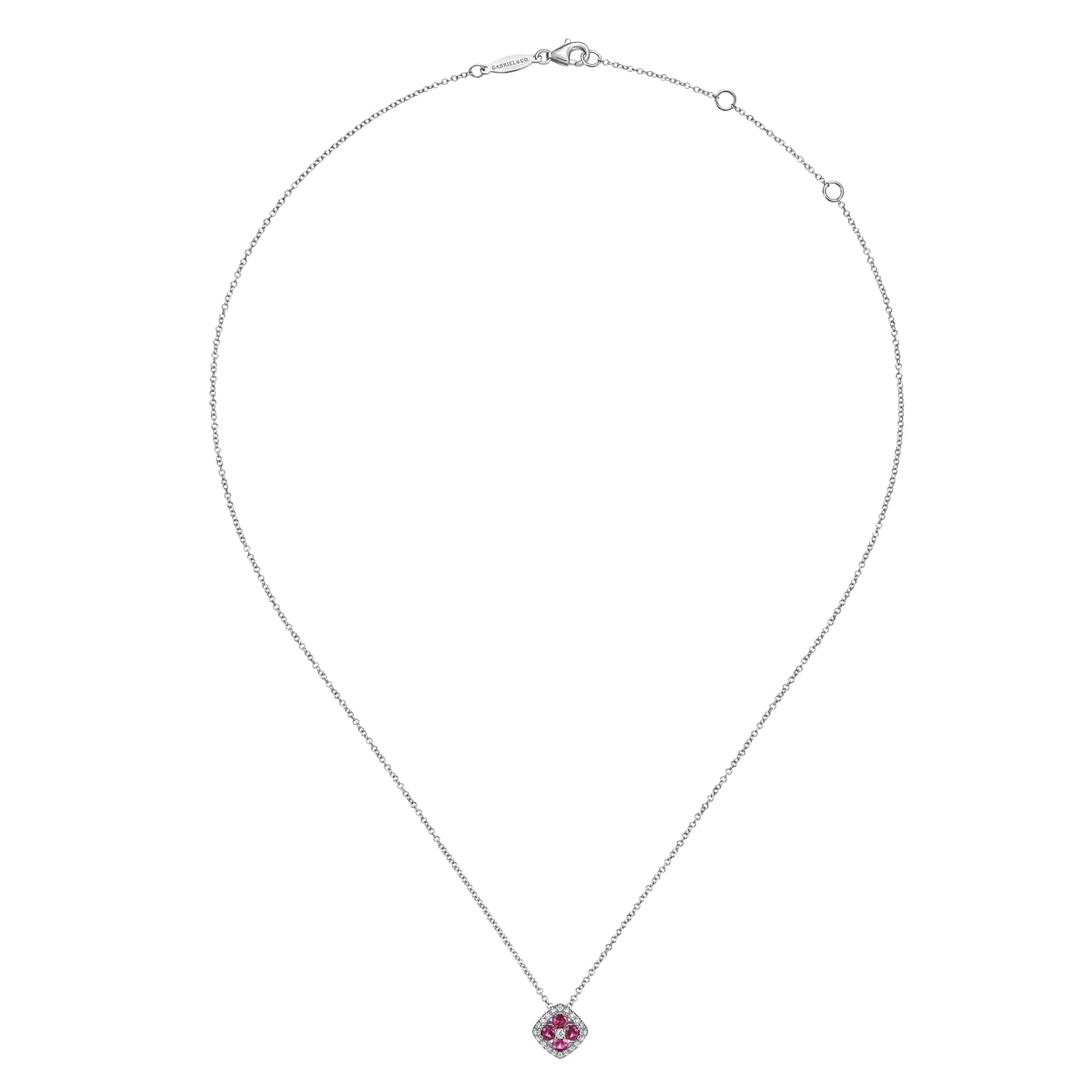 Ruby and Diamond Halo Floral Pendant Necklace in 14K White Gold, photograph 2