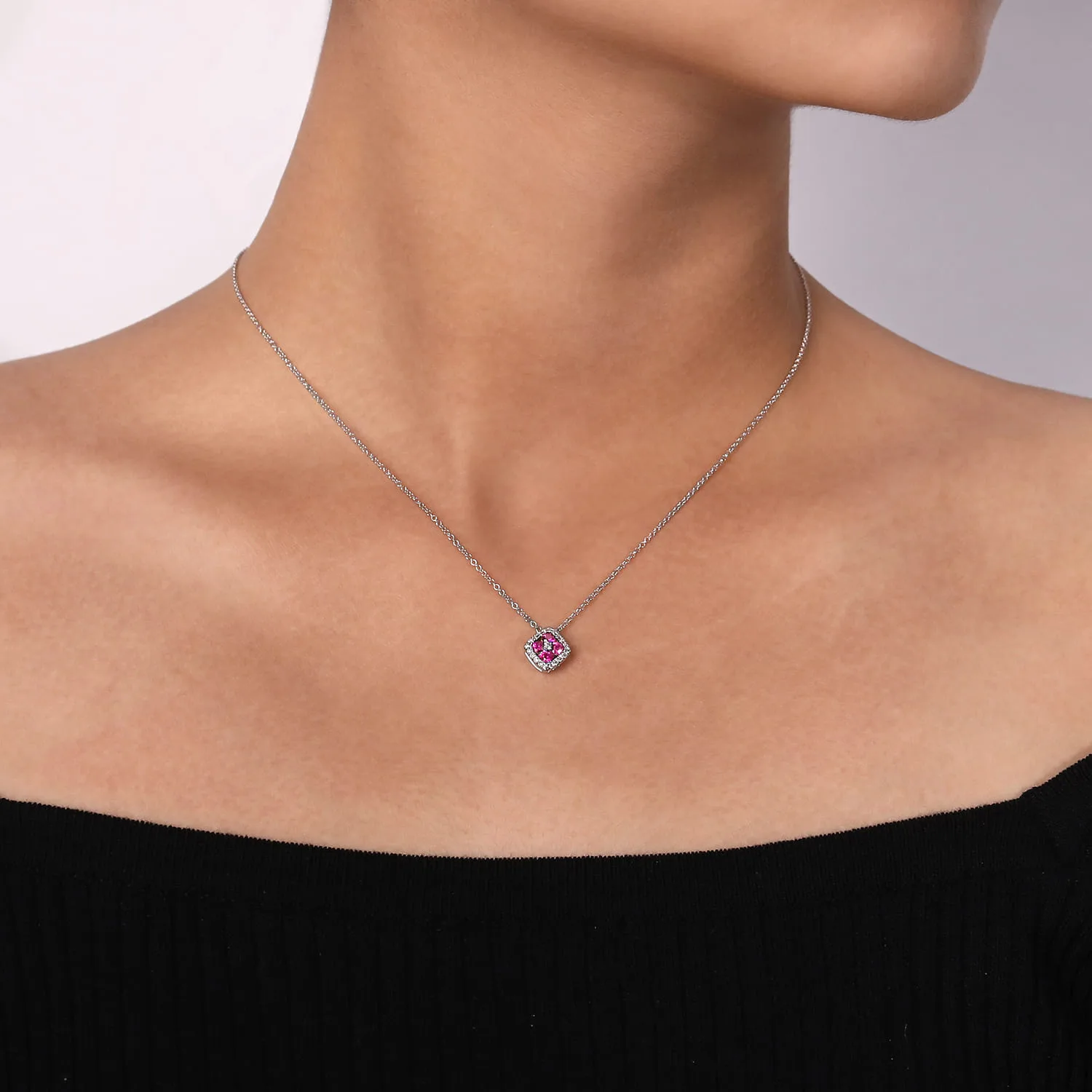 Ruby and Diamond Halo Floral Pendant Necklace in 14K White Gold, photograph 3