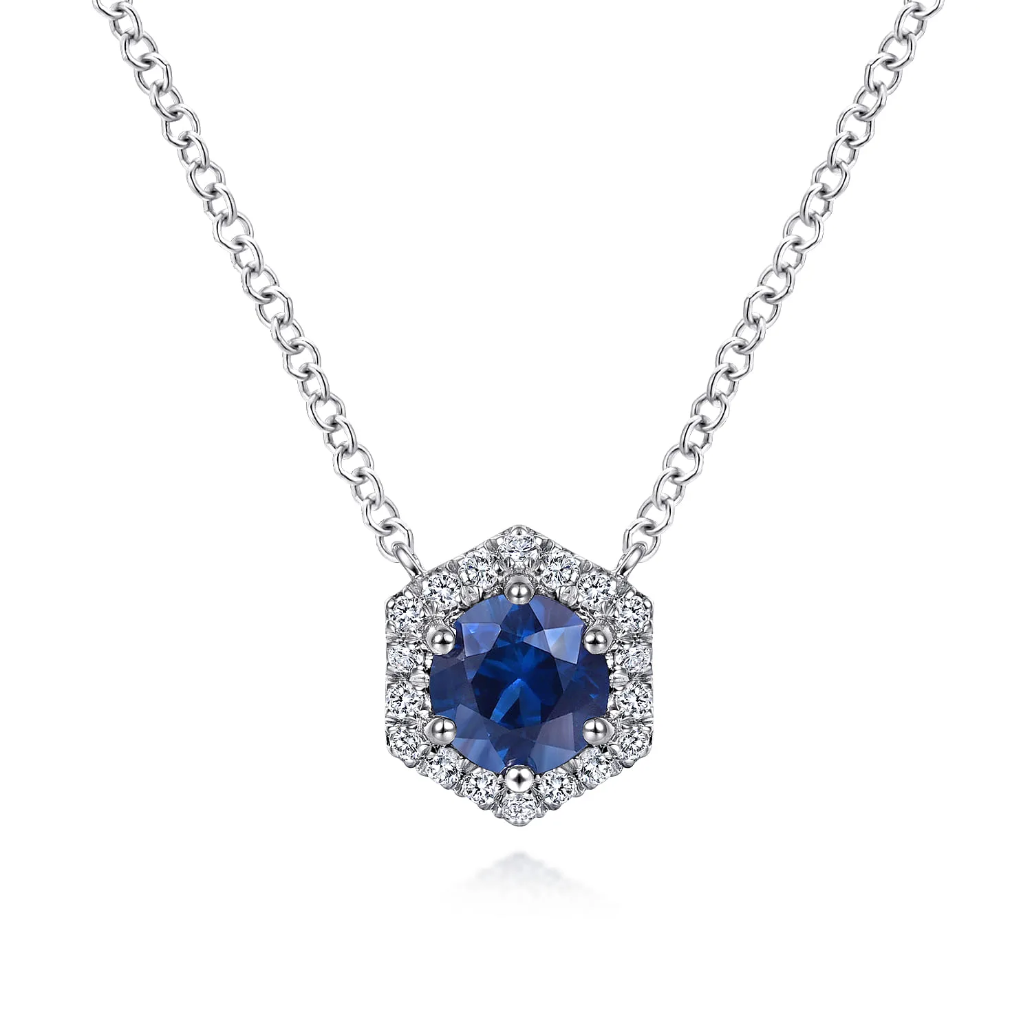 Round Sapphire and Hexagonal Diamond Halo Pendant Necklace