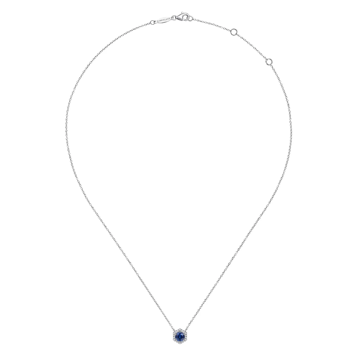 Round Sapphire and Hexagonal Diamond Halo Pendant Necklace in 14K White Gold, photograph 2