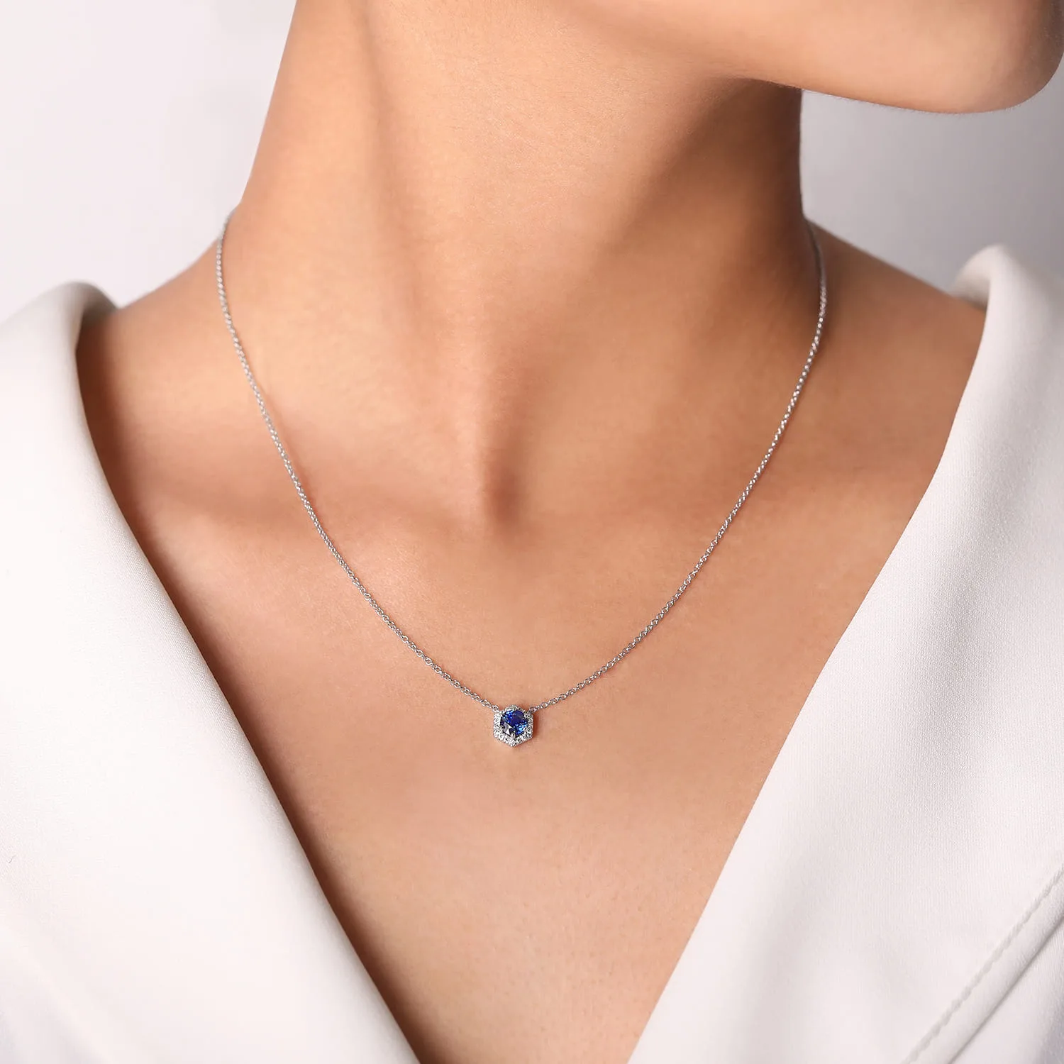 Round Sapphire and Hexagonal Diamond Halo Pendant Necklace in 14K White Gold, photograph 3