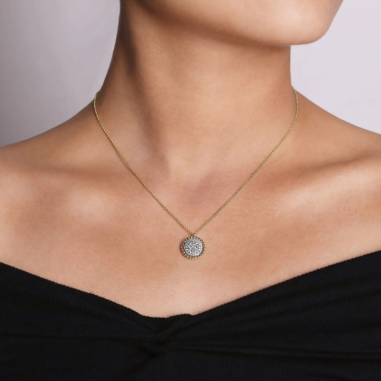 Diamond Pave Pendant Necklace with Bujukan Bead Frame in 14K Yellow Gold, photograph 3