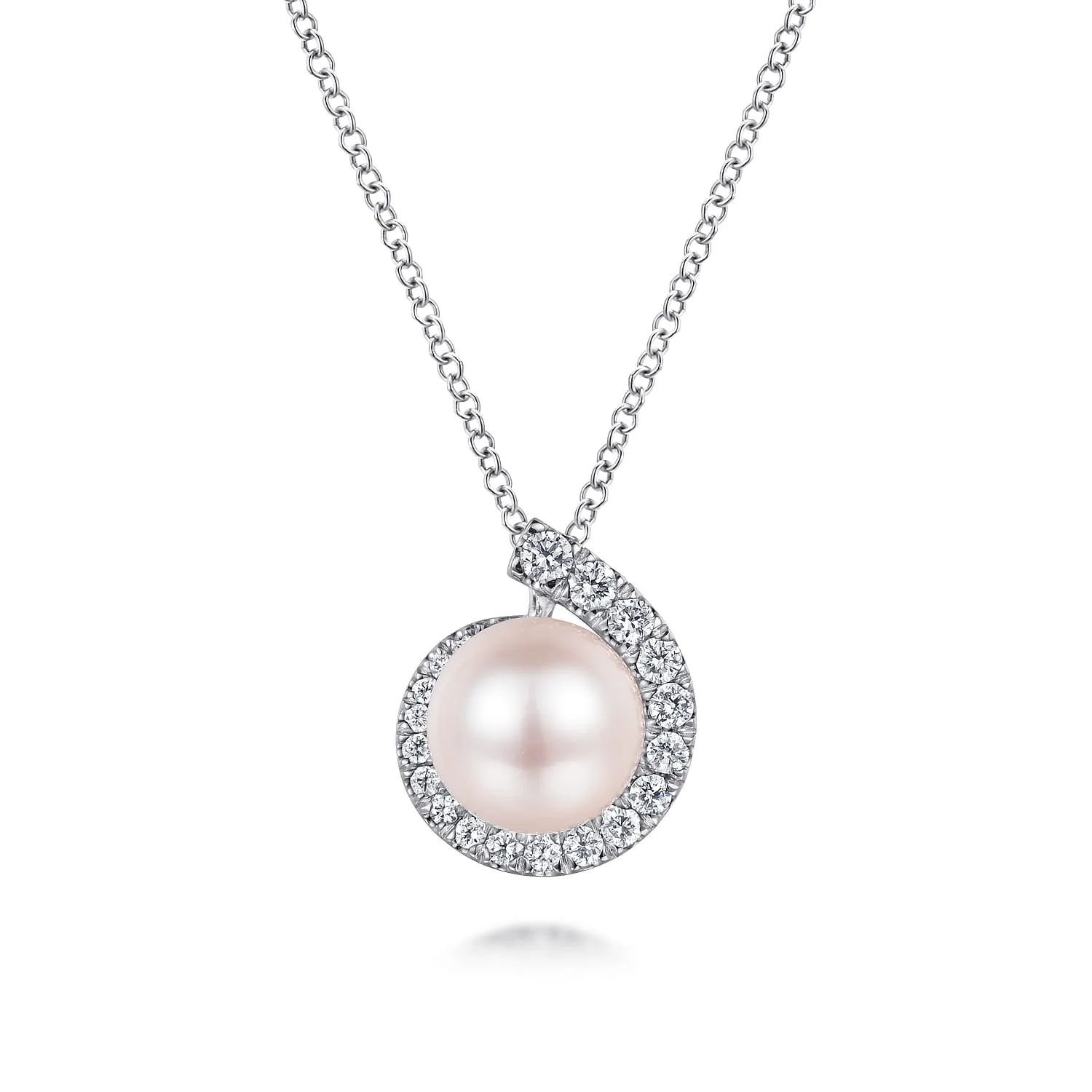Round Pearl Pendant Necklace with Diamond Halo Swirl