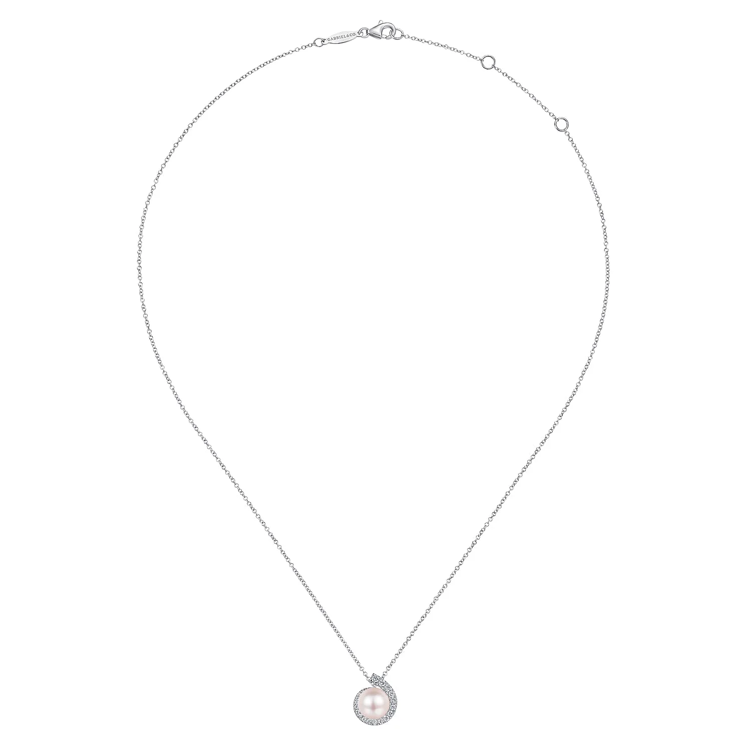 Round Pearl Pendant Necklace with Diamond Halo Swirl in 14K White Gold, photograph 2