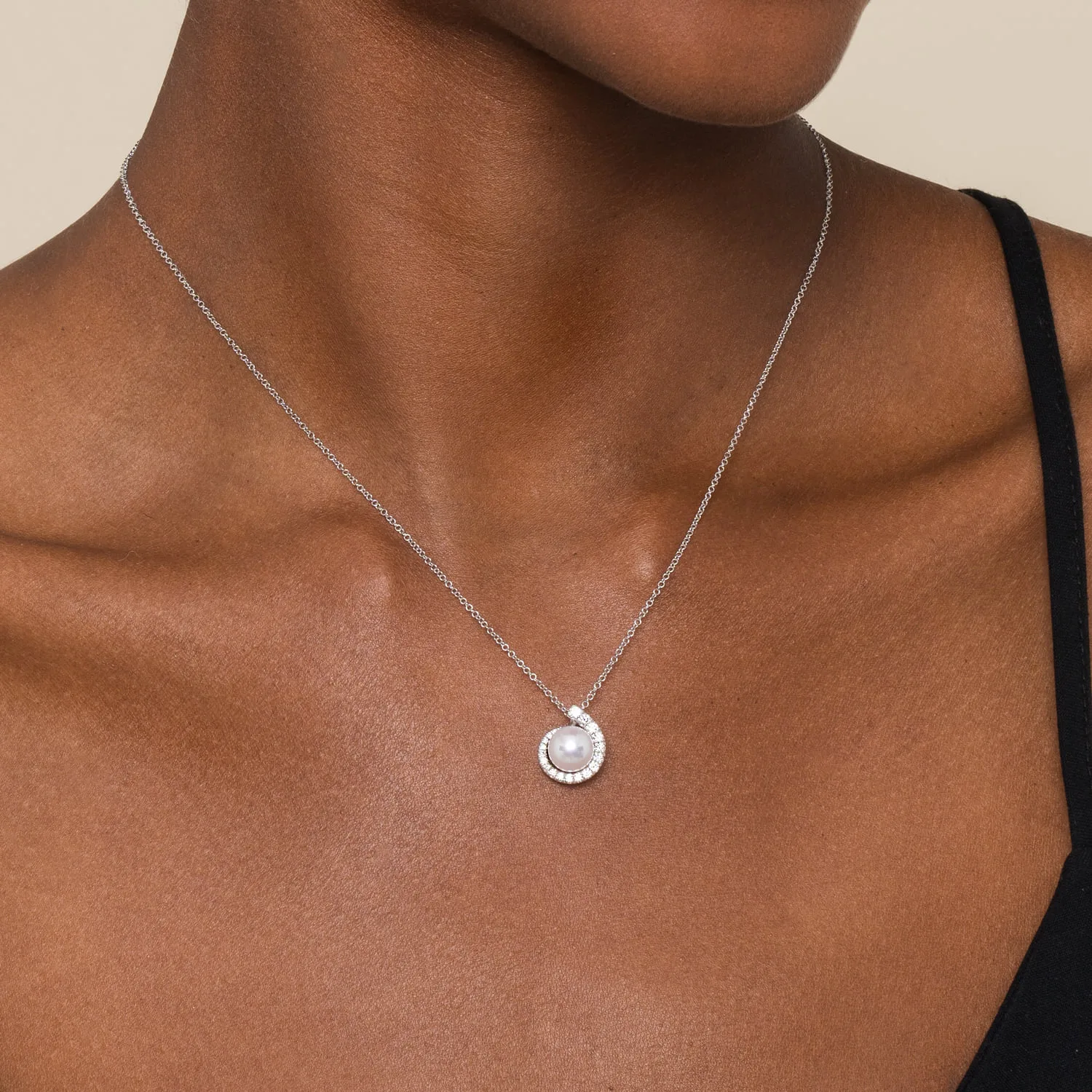 Round Pearl Pendant Necklace with Diamond Halo Swirl in 14K White Gold, photograph 4
