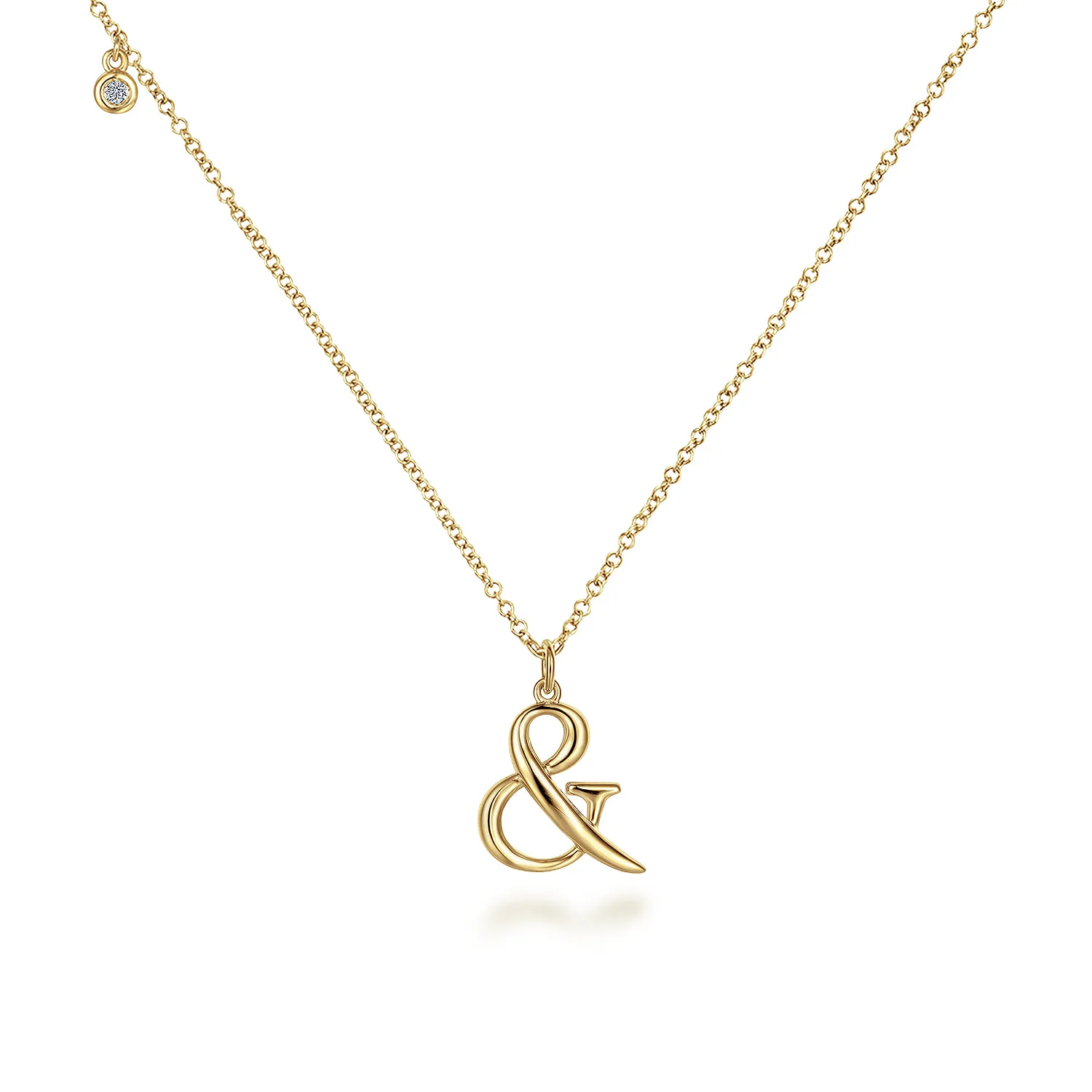 Ampersand Pendant Necklace with Bezel Set Diamond Drop in 14K Yellow Gold, photograph 2
