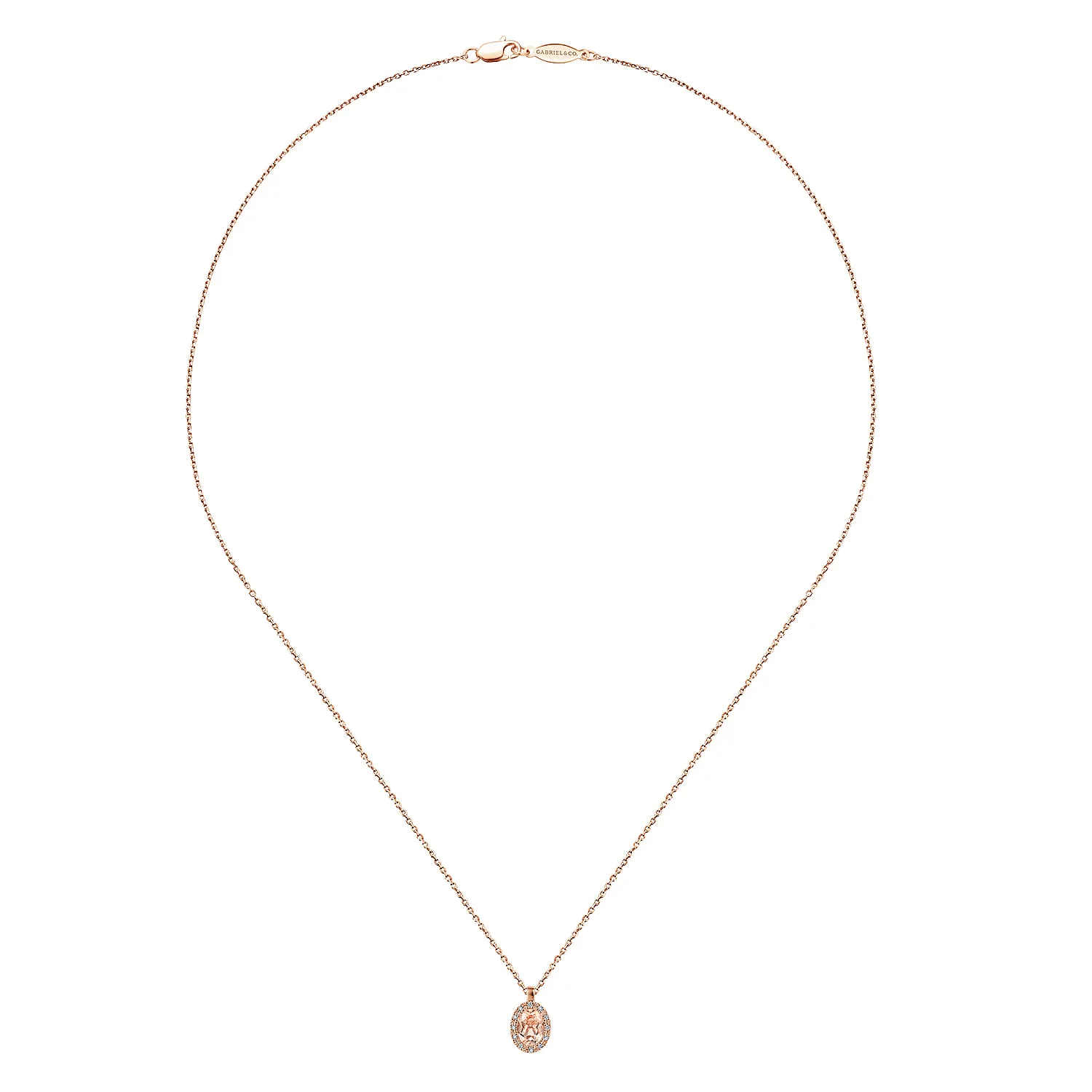 18 inch Morganite and Diamond Halo Drop Necklace in 14K Rose Gold, photograph 2