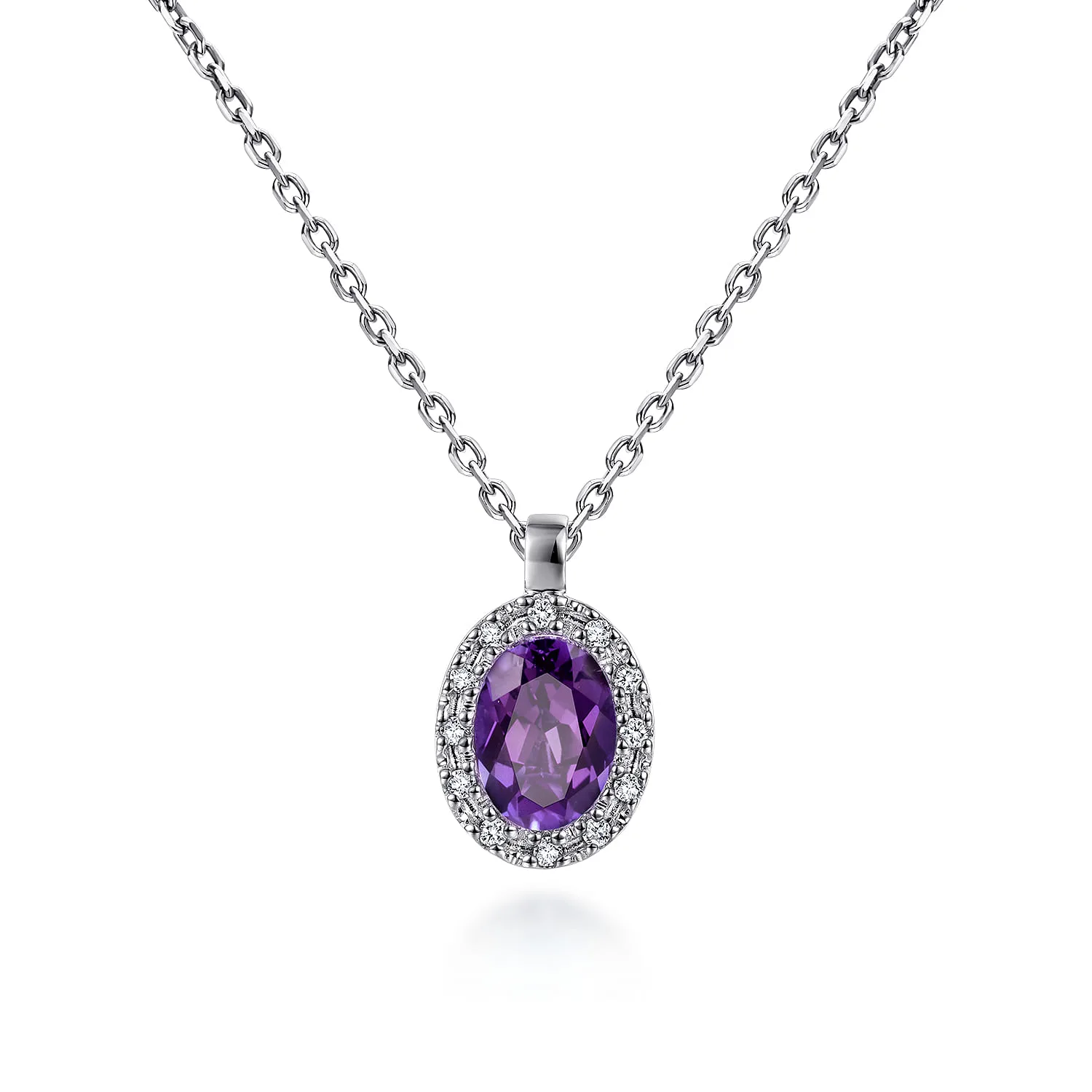18 inch Amethyst and Diamond Halo Drop Necklace