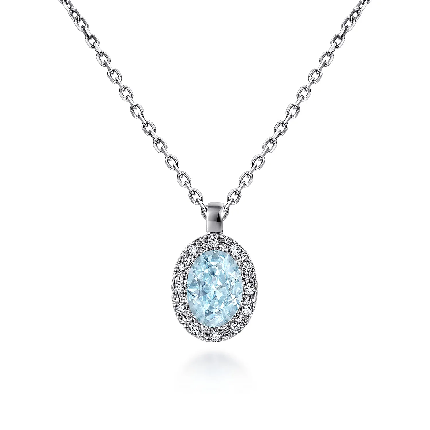 18 inch Aquamarine and Diamond Halo Drop Necklace