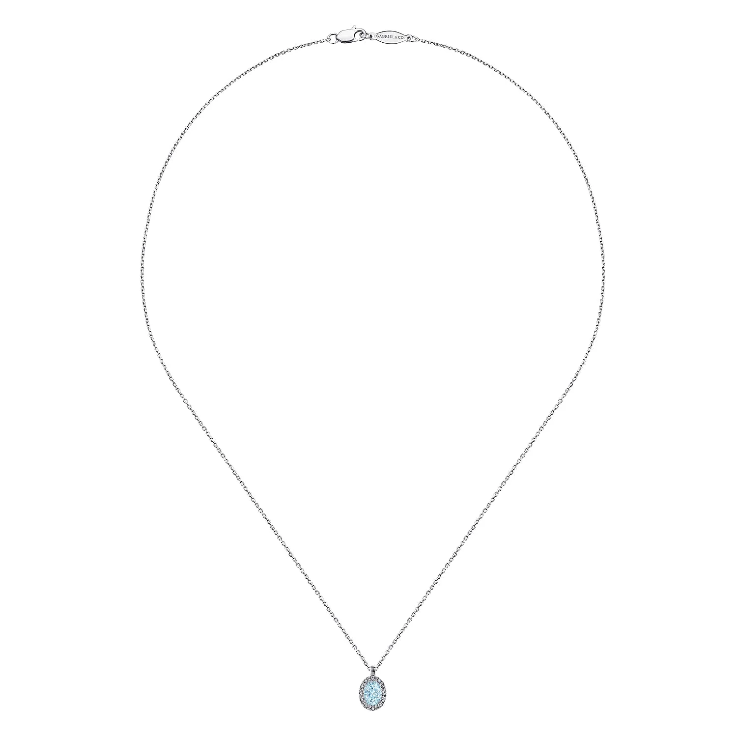 18 inch Aquamarine and Diamond Halo Drop Necklace in 14K White Gold, photograph 2