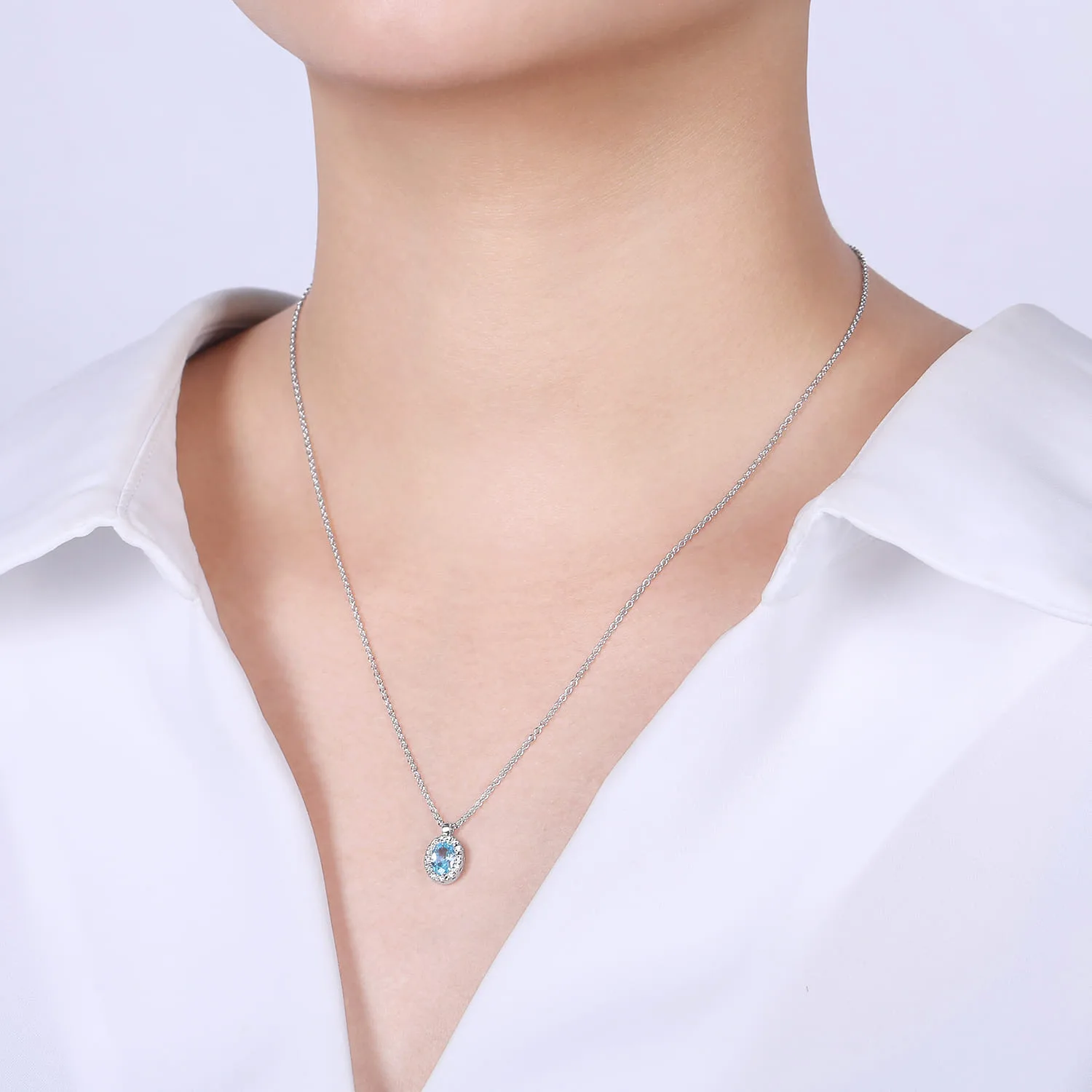 18 inch Aquamarine and Diamond Halo Drop Necklace in 14K White Gold, photograph 3