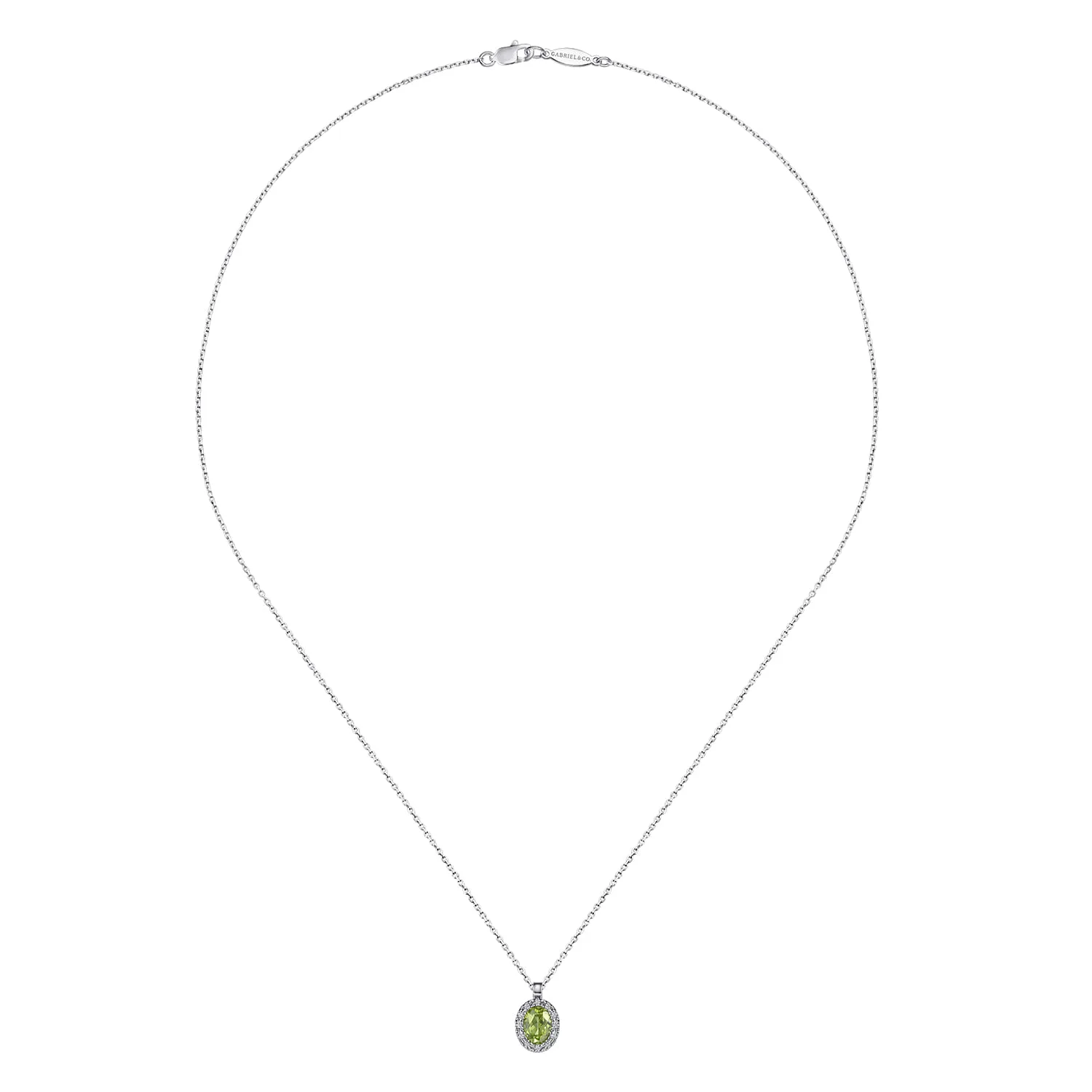 18 inch Peridot and Diamond Halo Drop Necklace in 14K White Gold, photograph 2