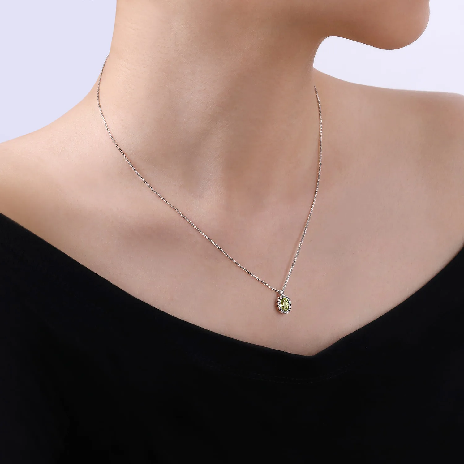 18 inch Peridot and Diamond Halo Drop Necklace in 14K White Gold, photograph 3