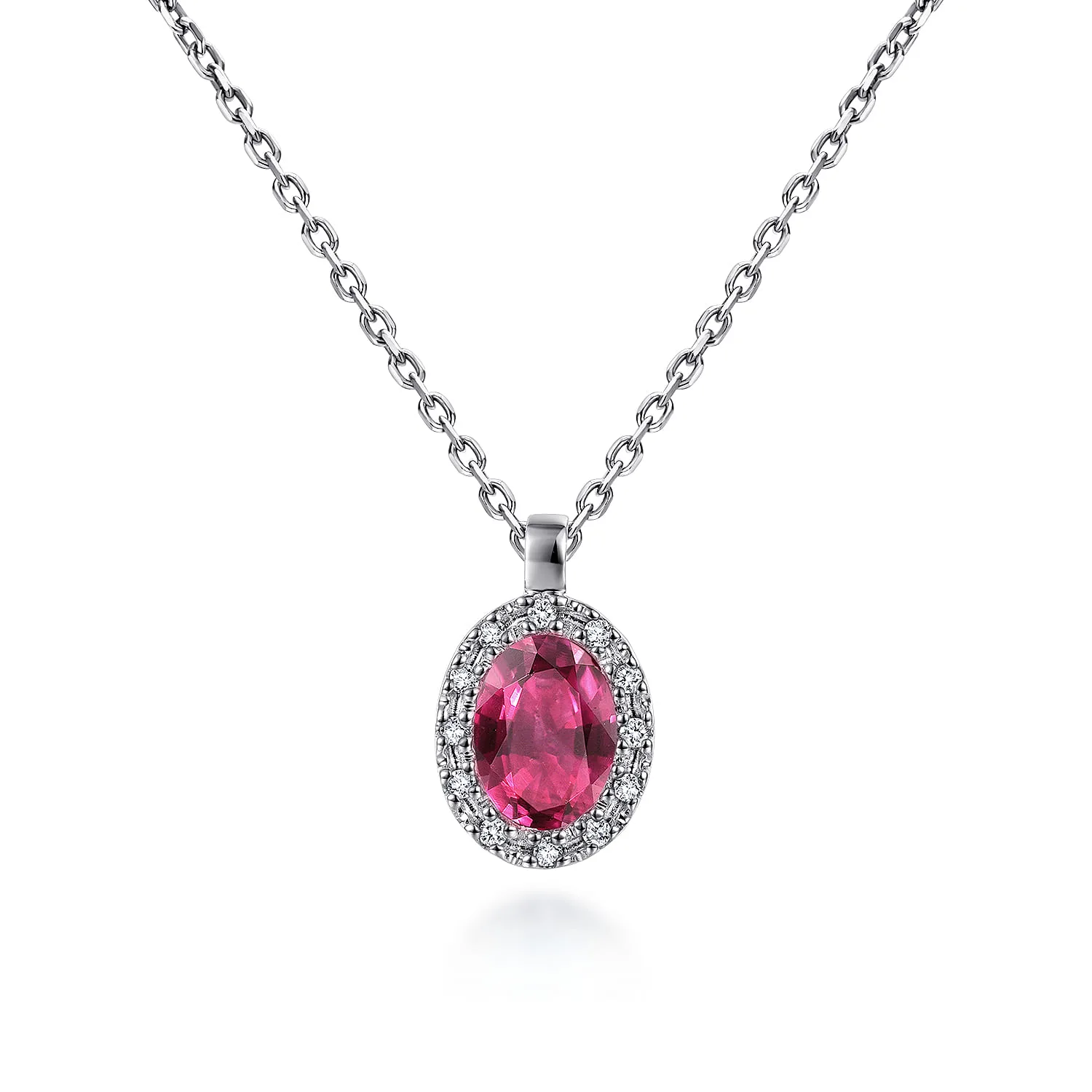 18 inch Ruby and Diamond Halo Drop Necklace