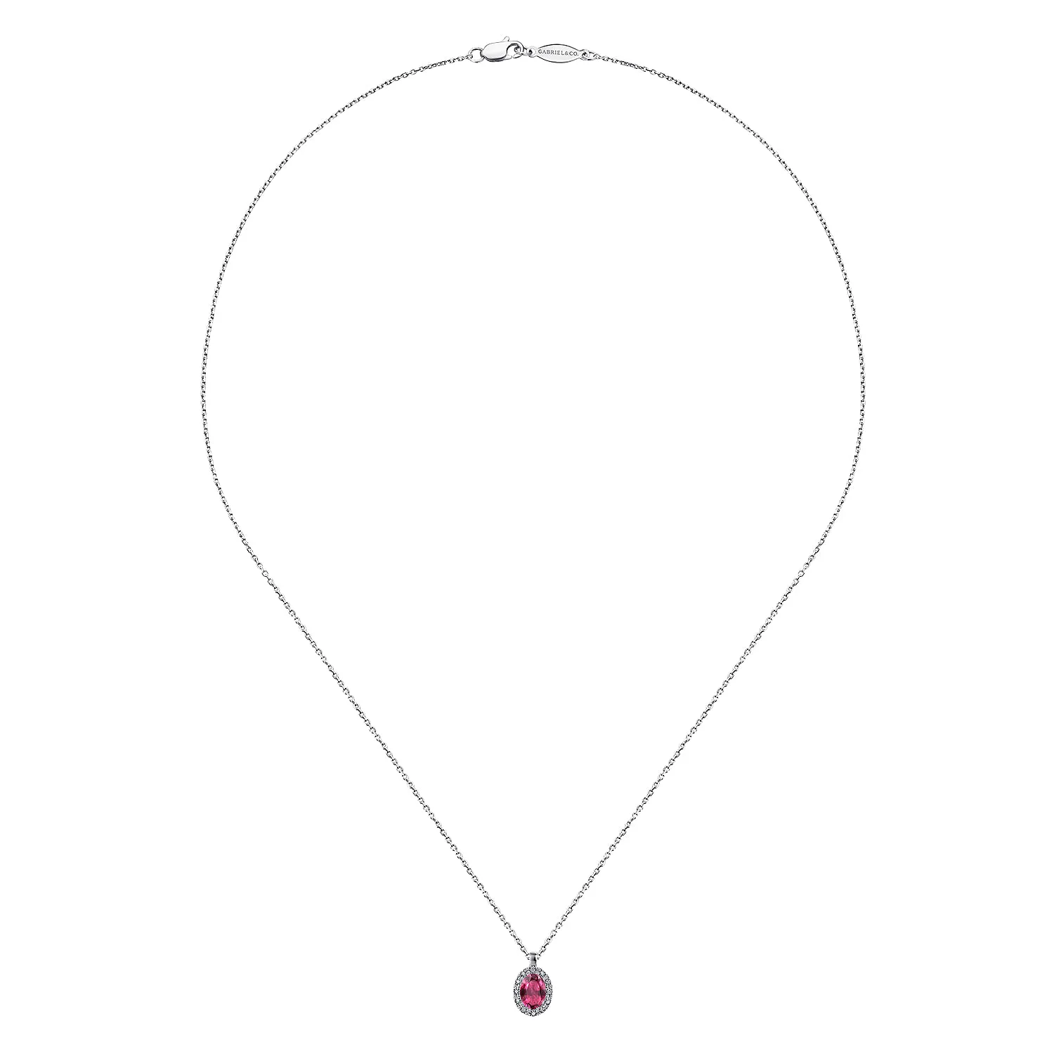 18 inch Ruby and Diamond Halo Drop Necklace in 14K White Gold, photograph 2