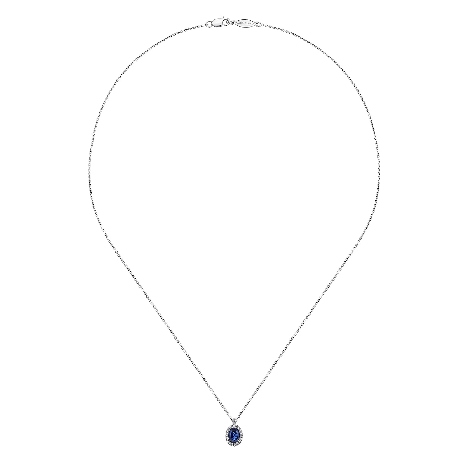 18 inch Sapphire and Diamond Halo Drop Necklace in 14K White Gold, photograph 2