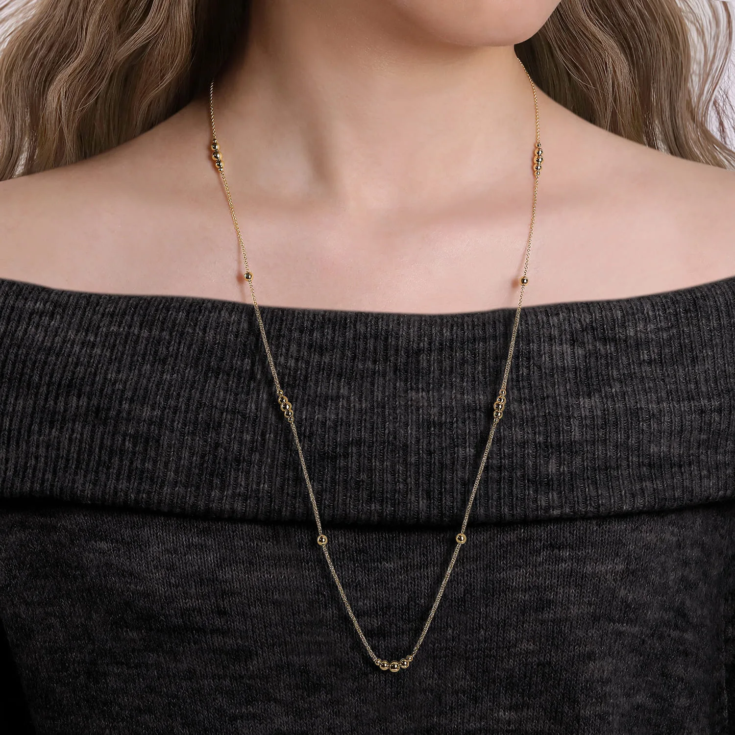 28 inch Graduating Bujukan Bead Station Necklace in 14K Yellow Gold, photograph 3