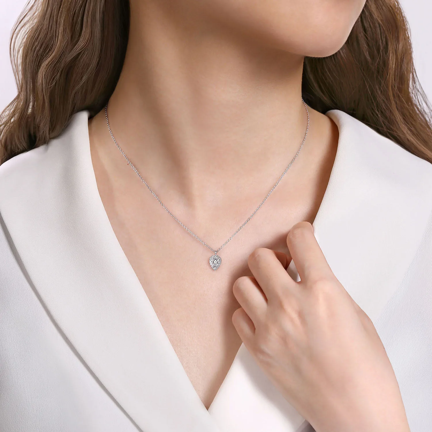 Inverted Teardrop Diamond Pendant Necklace in 14K White Gold, photograph 3
